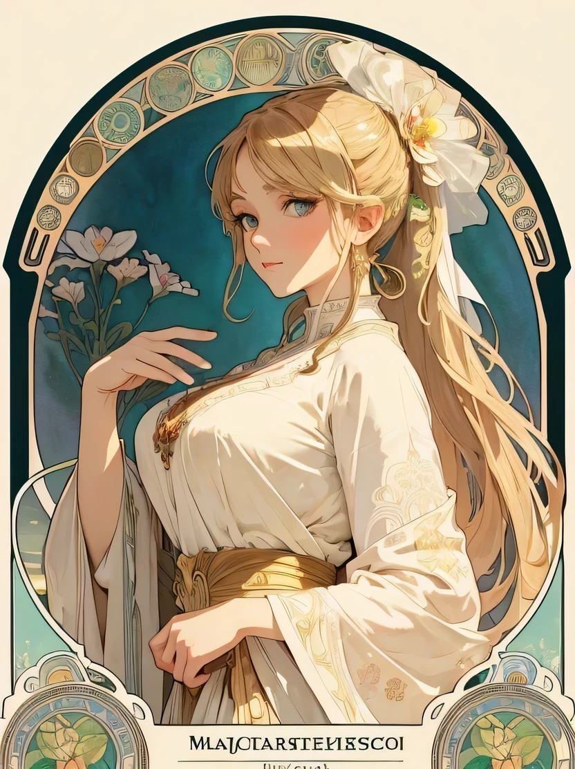 ((masterpiece、highest quality、Super fine、High resolution、photorealistic、sharp focus、cinematic lighting))、((1 female、bust shot))、art nouveau style watercolor、greek goddess、big breasts、Big eyes、long and thick eyelashes、pale skin、lip whole、green eyes、long thick blonde hair、high ponytail、sexy white robe、flower background、tarot cards、Beautifully decorated oval frame、Intricate designs and patterns in the style of Alphonse Mucha