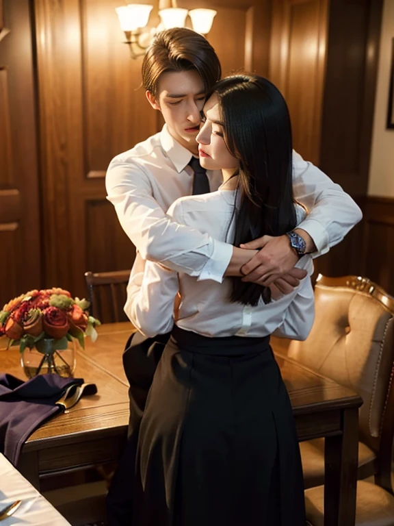 (Korean young woman)，(RAW photogr:1.3)，Extremely beautiful，(in a ryokan)，(leaning on a man:1.2)，(Kiss a man:1.3)，(being touched by a man:1.5)，(Being taken from behind by a man)，（（（tmasterpiece）））， （（Best quality））， （（intricately details））， （（hyper realisitc））， Ridiculous resources， 摩洛解放阵线，(expressed:1.2)， ， Very meticulous， lighting ig charming:1.1)， （（big quote)，(violence:1.1)，，White skin of the，Full of color，sexually attractive，a slender waist，pretty legs，(Perfect leg line)，hip  cocked，Wide hips，(perfect hand)， detailed finger， beautidful eyes， Wavy curly hair，with brown eye， business card， CEO，(Red pencil skirt:1.2)，(Black stockings:1.3)，detailedbackground， perfect  eyes，Confused eyes，The mouth opens slightly，