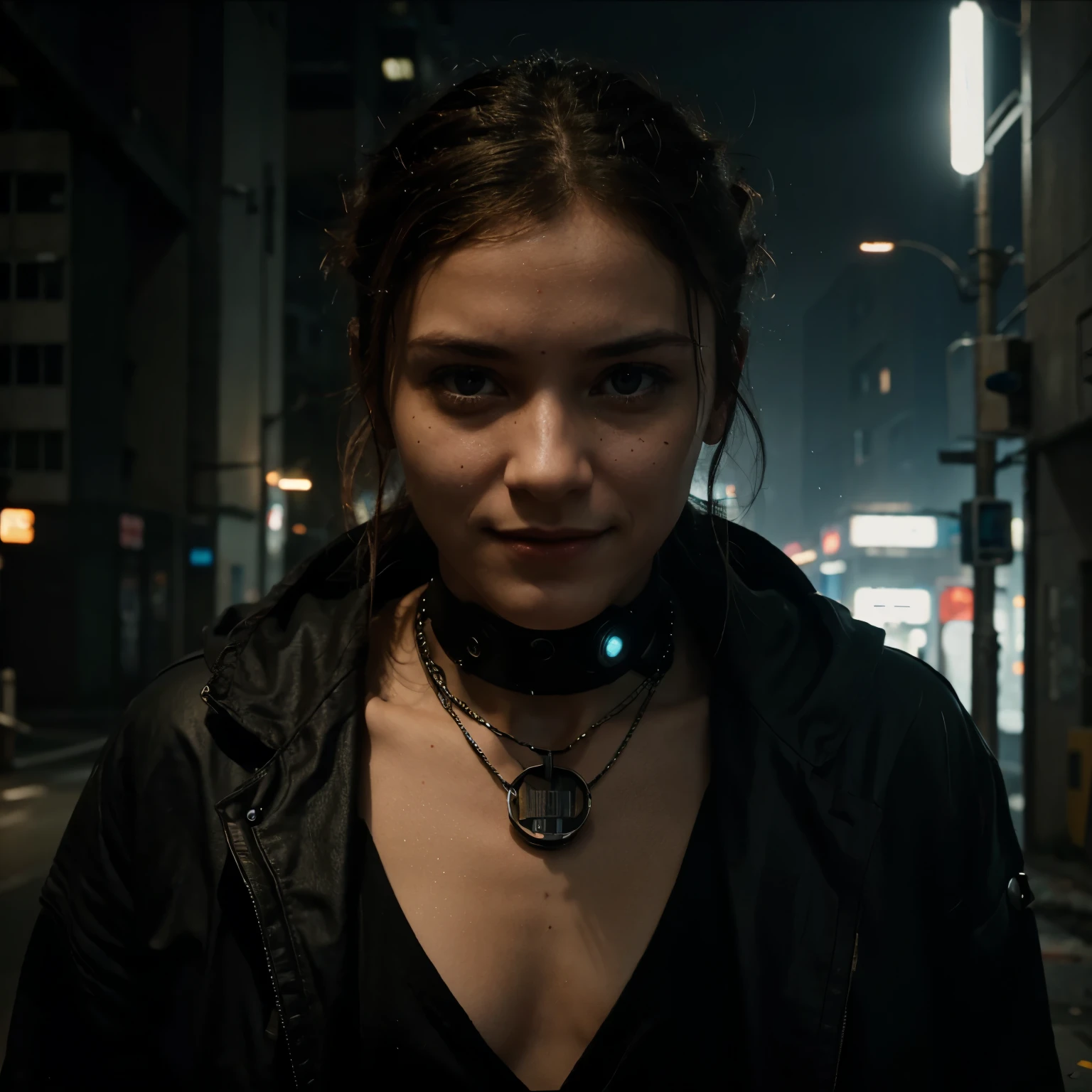 Create the image of a human being enslaved by the compulsion to be happy. It must be in the cyberpunk style with traces of German expressionism.