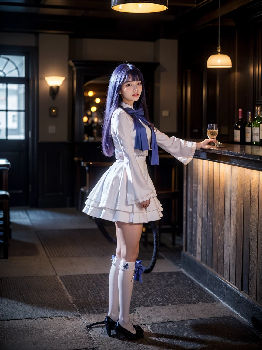 (1 lady), The beautiful, (Best quality at best:1.4), (ultra - detailed), (extremely detailed CG unified 16k), purple hair, very detailed, High-definition RAW color photo, professional photoshooting, amazing face and eyes, cosmetics, (amazingly beautiful girl), ((frederica bernkastel)), ((dress, bowtie, mary janes, socks, cat tail, tail bow, tail ornament)), standing, sexyposture,(Dark and stylish bar, drinks, lamp lights, lamp lights:1.3), (look from down), realistic cinematic face, head to feet long wide zoomed out view, full body long view, photorealistic, ((realistic natural purple hair style, purple eyes)), gorgeous, extremely beautiful face, perfect model beauty, pout mouth, flirting smile, cleavages, city girl, western, shopping in the city, (masterpiece), best quality, high resolution, extremely detailed, blurred background, depth of field, cinematic lighting, amazing legs, high heels, clear and well-cared skin