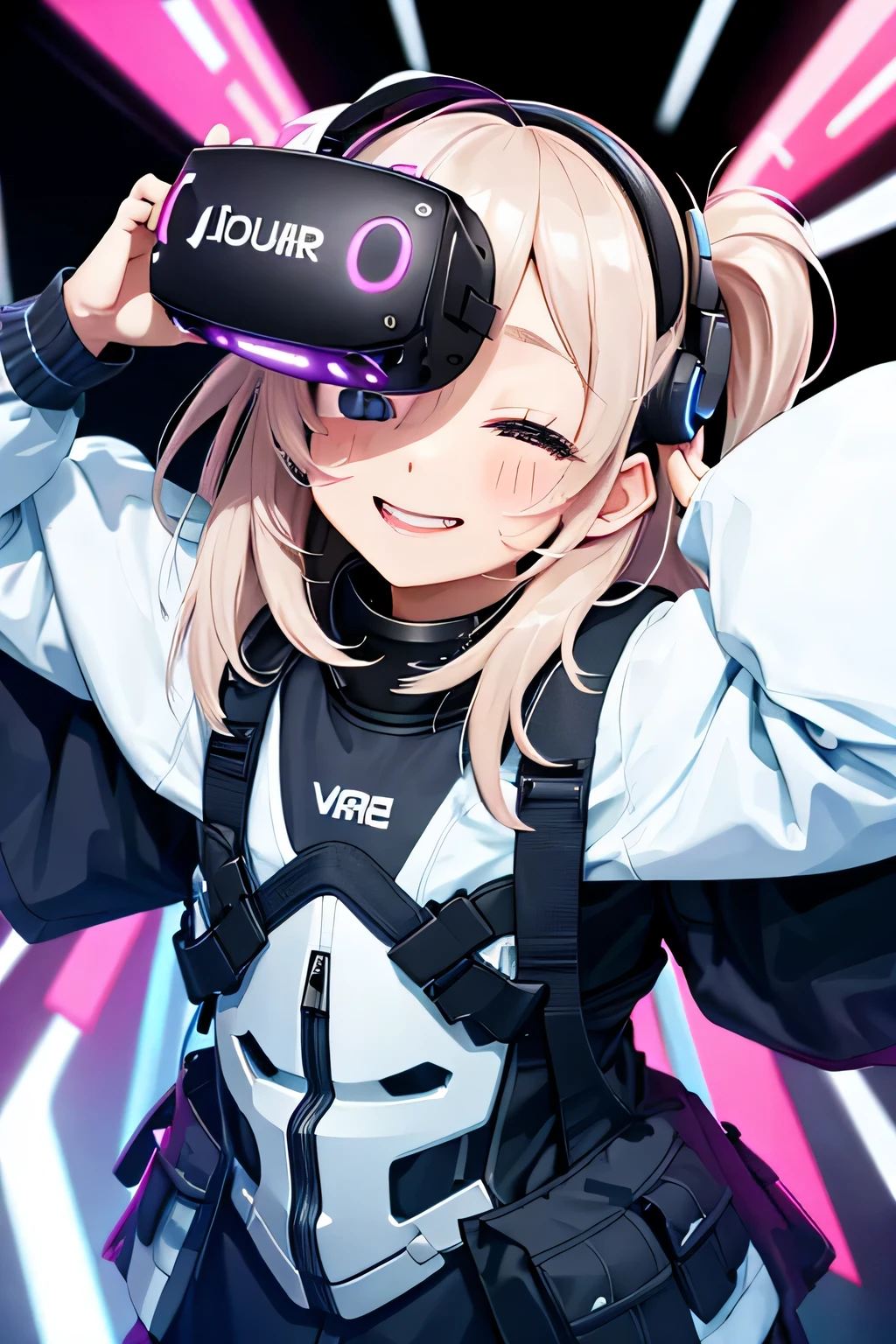 (highest quality:1.4)、High resolution、detailed background、anatomically correct、
A girl excitedly wearing VR goggles in a dark room、I&#39;m extremely excited、
His eyes are wide open and he is immersed in the experience inside the goggleouth slightly open or smiling、
A part of the body is moving slightly、
Your hands are shaking slightly or your body is swaying back and forth、
A slight redness on the face and neck due to an increased heart rate、
Being completely immersed in the VR experience reduces your reaction to external stimuli