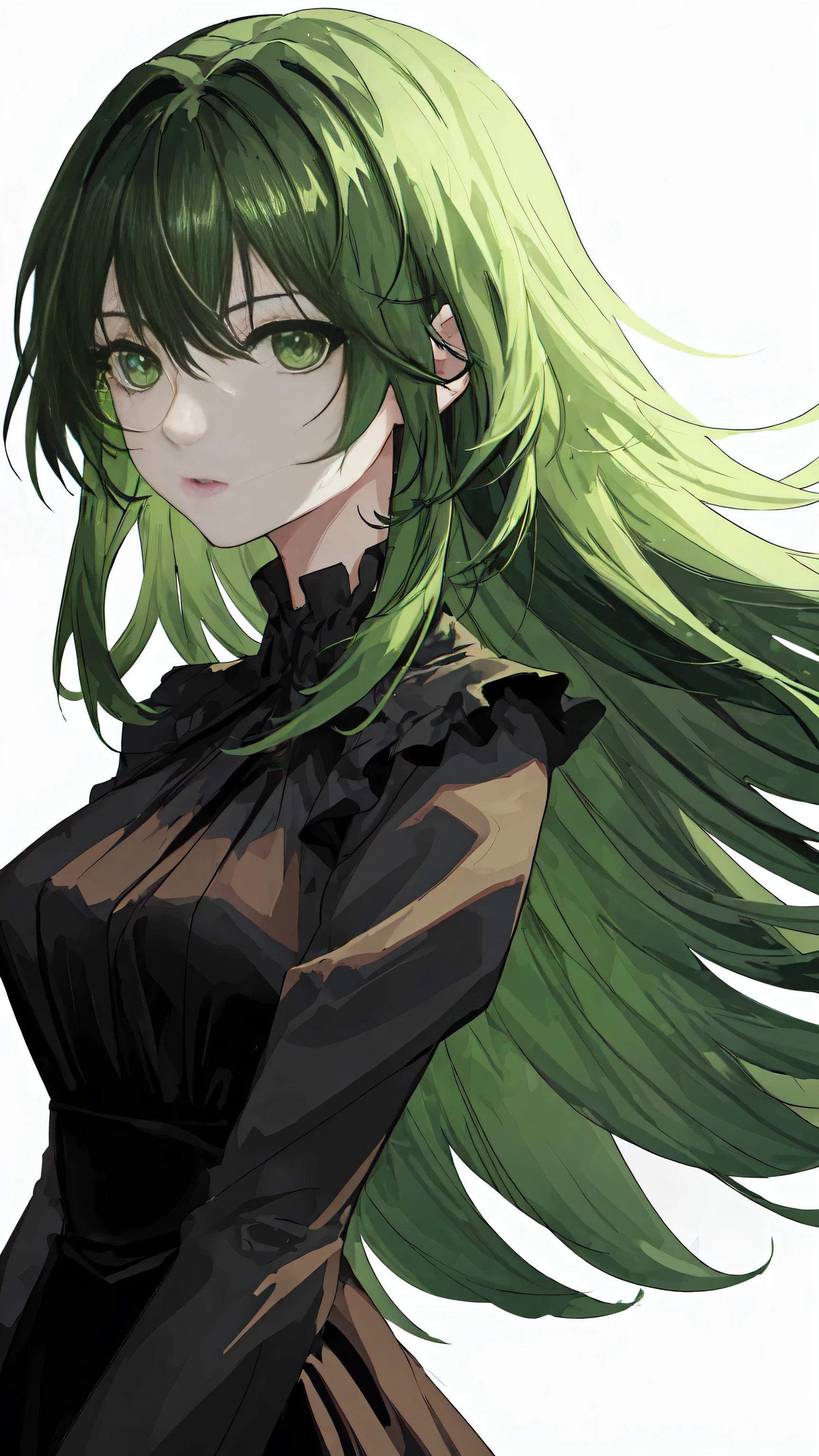 greenish hair, black dress, dynamic lighting, hair and face details, white background