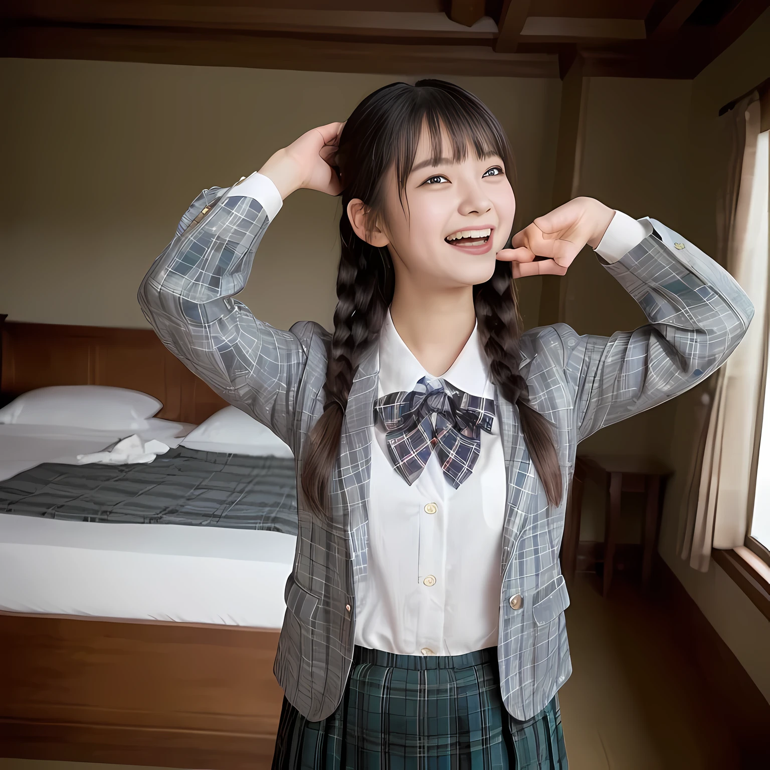 (highest quality、masterpiece:1.2)、highest quality、realistic、photograph、High resolution、1080p、8K、The face is especially pale., physical rendering、((Height: 155cm)), one Japanese girl、((Siren in the form of a 15-year-old Japanese junior high school student)), ((((Siren in the form of a beautiful girl fashion model from a Japanese magazine)))), , (((big very detailed beautiful dark brown eyes))), ((blue girly large wine-red glossy polyester Japanese school ribbon bow tie)), (((black beautiful long twin braids hair))), ((((deep blue colored tartan checkered formal long pleated pleated skirt)))), ((A unpatterned formal dark blue blazer in solid that is slightly oversized and has an emblem on the left chest.)), ((((((laughing at me!)))))), mouth is open, The large blazer and skirt are very cute., detailed fingers, Slender body, ((curled bangs)), so beautiful, long eyelashes, ((Very big and very very very cute eyes of a Japanese girl)), ((large pupils)), double eyelids, The entire skirt is photographed, thin eyebrows, ((drooping eyes)), ((very long eyelashes)), ((cute lovely lovely laughing laughing cheeks)), ((Pure white light hits her face from above and in the front, making her skin and eyes shine beautifully.)), ((Strong light hits the nose and cheeks、It brings out the richness of the expression.)), (((((Her face is expressive, pure and very intelligent.))))), ((looking back at the viewer)), (((((At a very gorgeous underground demoniac evil temple's room with some gorgeous beds))))), ((shot from her back))