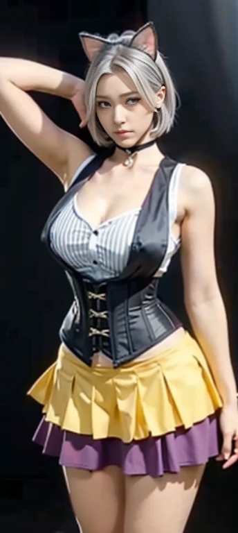 Girls, gray hair, short hair, yellow eyes, small breasts, cat hair accessories, side lock, gray hair, shiny hair, , (golden eyes: 1.2), (Skirt has two long triangular extensions, Tummy tank top corset), White buttons of vest bodice, (Short sleeve striped shirt under tank top bodice), (Sleeve end close to arm), (There is a thick black ribbon around the neck), ( magenta skirt),