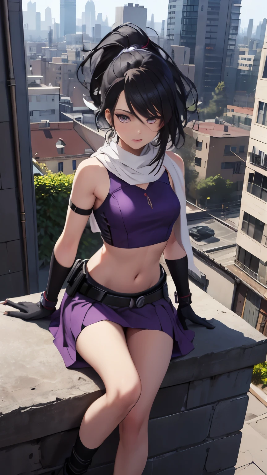 (Highly quality, masterpiece, detailed), city detailed scenario, city detailed background, solo, kateb2023, 1girl, purple outfit, purple top, white scarf, black hair, ponytail hair, bare arm, tactical, utility belt, purple glove, archer, bare midriff, half skirt, navel, sitting on top of a building, perfect face, beautiful eyes, look at the viewer, Sexy pose