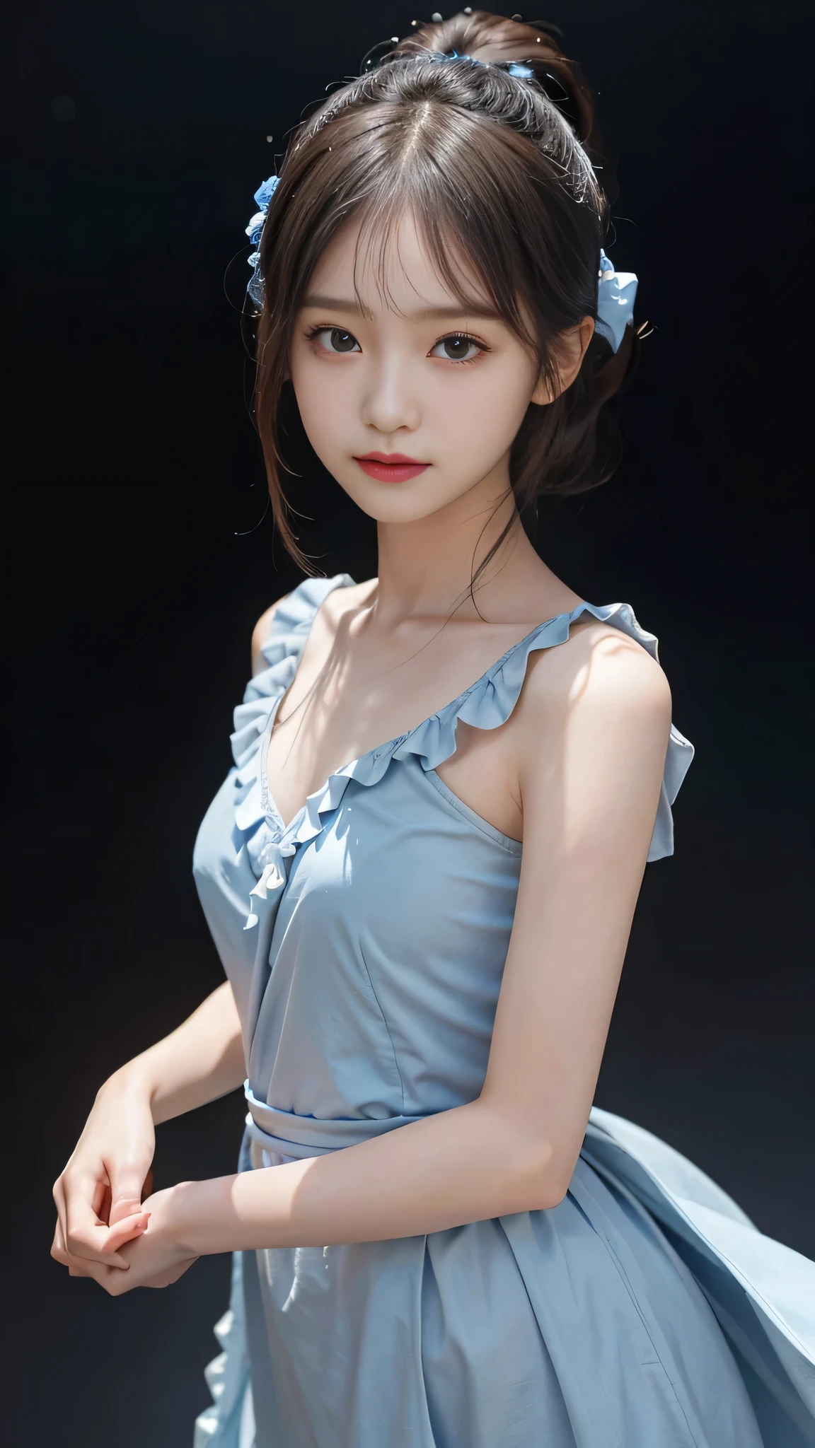 Close up face,standing on stage,Blue colored long dress with lots of ruffles,One woman,masutepiece, The highest image quality, High quality, the background is clear,Beautiful woman, Japanese, Detailed, Detailed eyes, Detailed skin, Beautiful skin, 超hight resolution, (reality: 1.4),Very beautiful woman, Slightly younger face, Beautiful skin, slender, (Ultra photo realsisim), (hight resolution), (8K), (Very detailed) (beautifully detailed eyes), (super detailed), (Detailed face), view the viewer, Fine details, Detailed face, Staring straight ahead, Staring straight ahead, photos realistic, Bright lighting, Professional Lighting, Black hair,poneyTail,a baby face,fifteen years old,Hairstyle is ponytail,long ponytail hairstyle,slight smile,neat and tidy clothing,Beautiful Japanese KPOP idol photo, hair style is ponytail, my eyes are double and wide, baby face, smile and look straight ahead, slender, small breasts,Blue ribbon on head,Close up face,