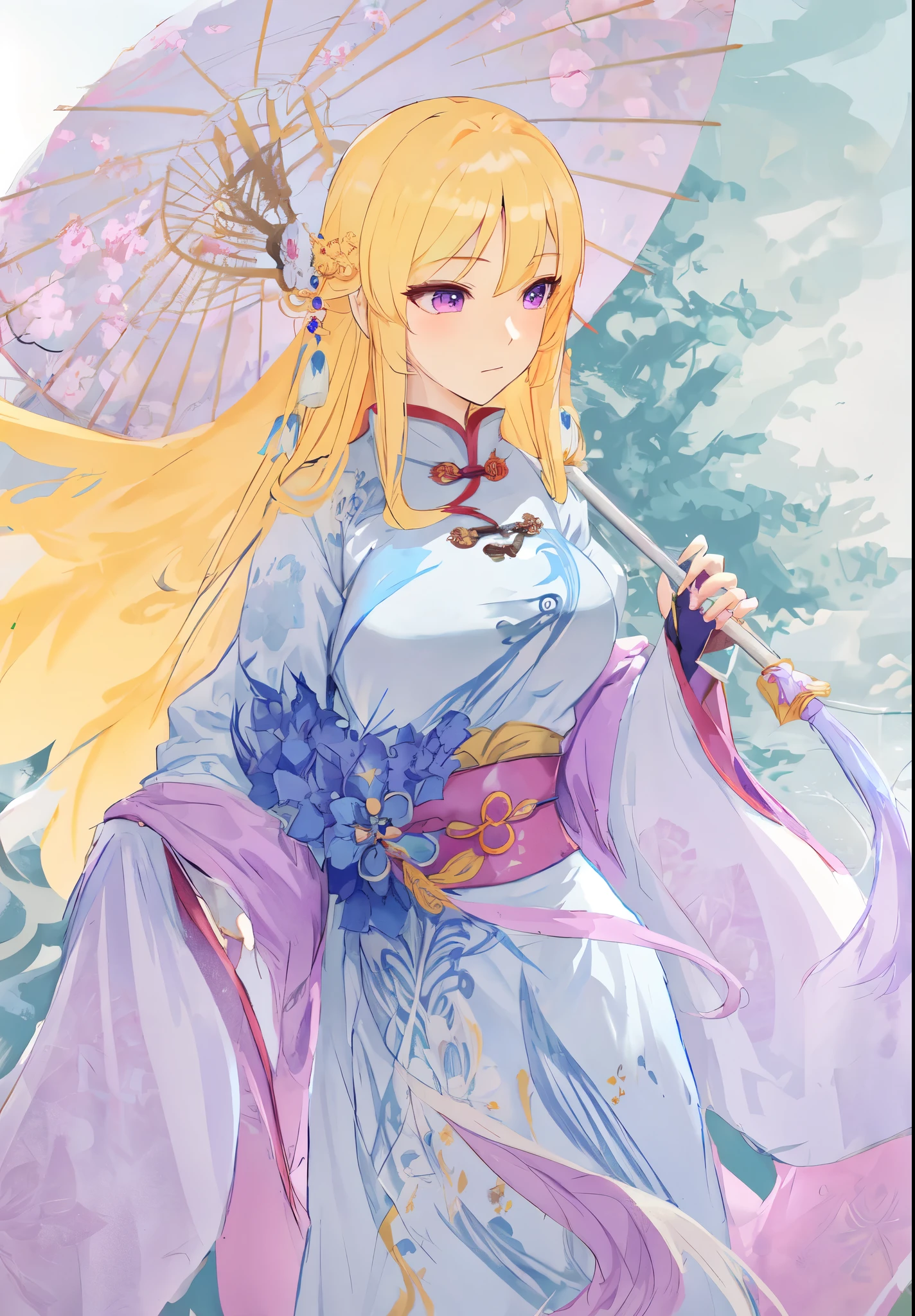 long blond hair,wearing blue dress,holding an umbrella, ((Wearing noble robes)), from desire, Flowing Chinese Robe, ((beautiful fantasy queen)), wearing nice clothes, eager character, Blonde long hair anime girl,Rina Nagikiri,Three Kingdoms style,Dynasty Warriors,antiquity,Chinese style,Chinese ancient costume,Long golden hair,holding an umbrella,purple eyes,golden eyelashes,huge breasts,Character portrait