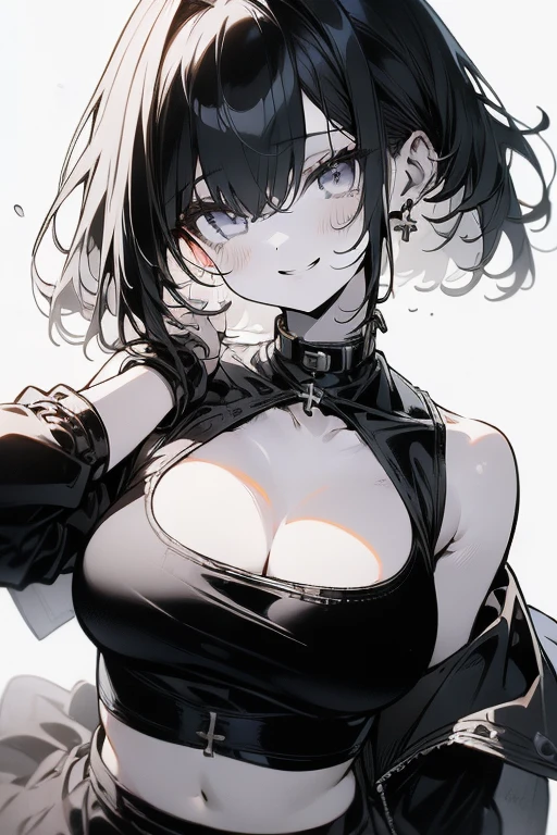 (Low Saturation:1.5),anime,1girl,pov,masterpiece,Awards, high quality,High resolution,HD,4K,8K,high quality,portrait,simple background,closeup upperbody,white clothes,Independently deformed breasts,shruged,viscous paint,(swiping breasts:1.3),oily skin,Slimy Cleavage,(Cleavage Bulge,deformed to flat breasts:1.4),(Medium breasts:1.2),Compressed chest,camisole,Crop tops,(Enhance breasts pose:1.3),sriped strap,perspective,perfect skin,smile,pale color tone,(grayscale:1.1),one point color