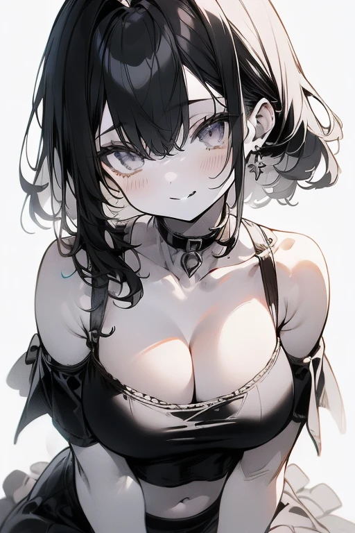 (Low Saturation:1.5),anime,1girl,pov,masterpiece,Awards, high quality,High resolution,HD,4K,8K,high quality,portrait,simple background,closeup upperbody,white clothes,Independently deformed breasts,shruged,viscous paint,(swiping breasts:1.3),oily skin,Slimy Cleavage,(Cleavage Bulge,deformed to flat breasts:1.4),(Medium breasts:1.2),Compressed chest,camisole,Crop tops,(Enhance breasts pose:1.3),sriped strap,perspective,perfect skin,smile,pale color tone,(grayscale:1.1),one point color