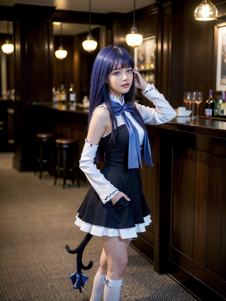 (1 lady), The beautiful, (Best quality at best:1.4), (ultra - detailed), (extremely detailed CG unified 16k), purple hair, very detailed, High-definition RAW color photo, professional photoshooting, amazing face and eyes, cosmetics, (amazingly beautiful girl), ((frederica bernkastel)), ((dress, bowtie, mary janes, socks, cat tail, tail bow, tail ornament)), standing, sexyposture,(Dark and stylish bar, drinks, lamp lights, lamp lights:1.3), (look from down), realistic cinematic face, head to feet long wide zoomed out view, full body long view, photorealistic, ((realistic natural purple hair style, purple eyes)), gorgeous, extremely beautiful face, perfect model beauty, pout mouth, flirting smile, cleavages, city girl, western, shopping in the city, (masterpiece), best quality, high resolution, extremely detailed, blurred background, depth of field, cinematic lighting, amazing legs, high heels, clear and well-cared skin