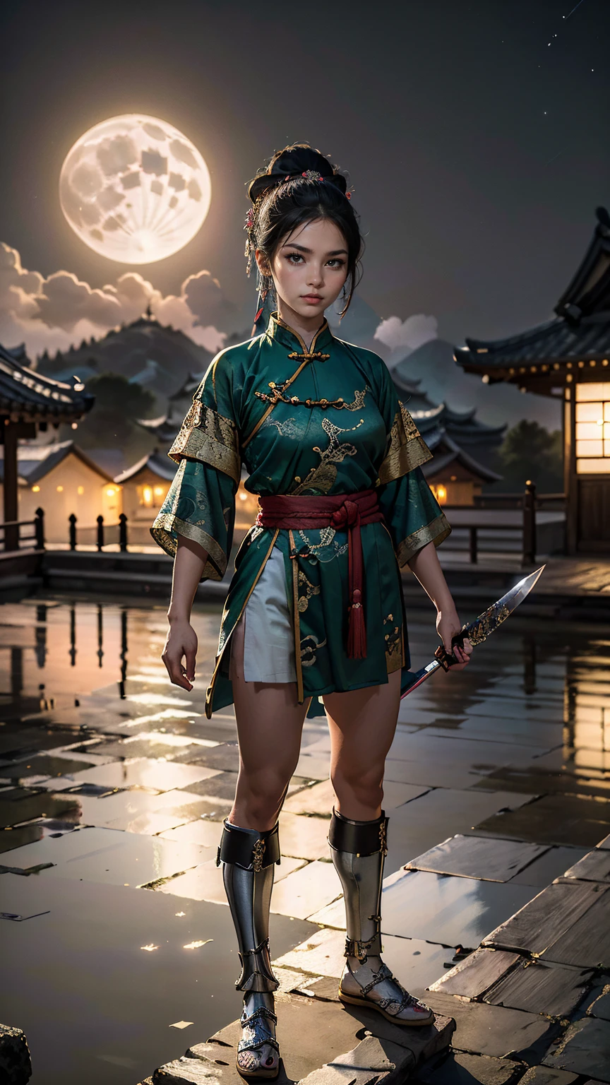 (((highest quality))),(((super detailed))),(((masterpiece))),figure,1 man,1 female,swordsman,Woman warrior,traditional chinese costume,Are standing,ink style,martial arts,Pause,rooftop,moonlight,night,background,ancient chinese architecture,Foggy Mountain々,silhouette,Silence--ar 16:9