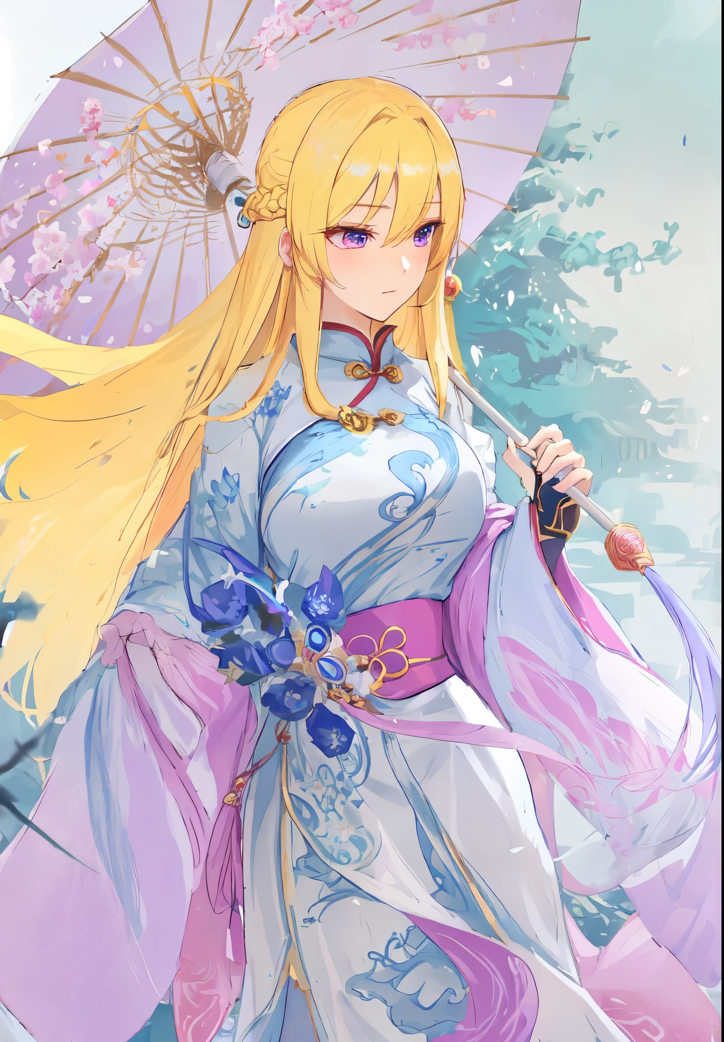 long blond hair,wearing blue dress,holding an umbrella, ((Wearing noble robes)), from desire, Flowing Chinese Robe, ((beautiful fantasy queen)), wearing nice clothes, eager character, Blonde long hair anime girl,Rina Nagikiri,Three Kingdoms style,Dynasty Warriors,antiquity,Chinese style,Chinese ancient costume,Long golden hair,holding an umbrella,purple eyes,golden eyelashes,huge breasts,Character portrait