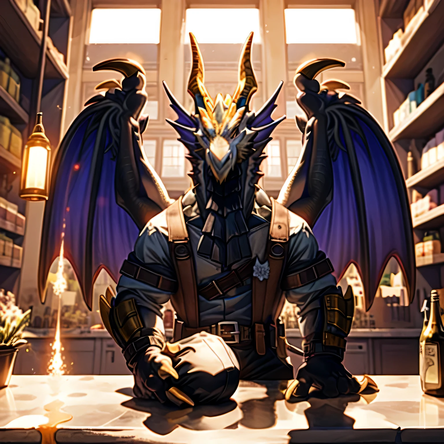 On the counter of a shop full of glowing potions,Dragon in medieval tights,There is a huge bulge in the pants,Greet you with a warm smile,Oblique view