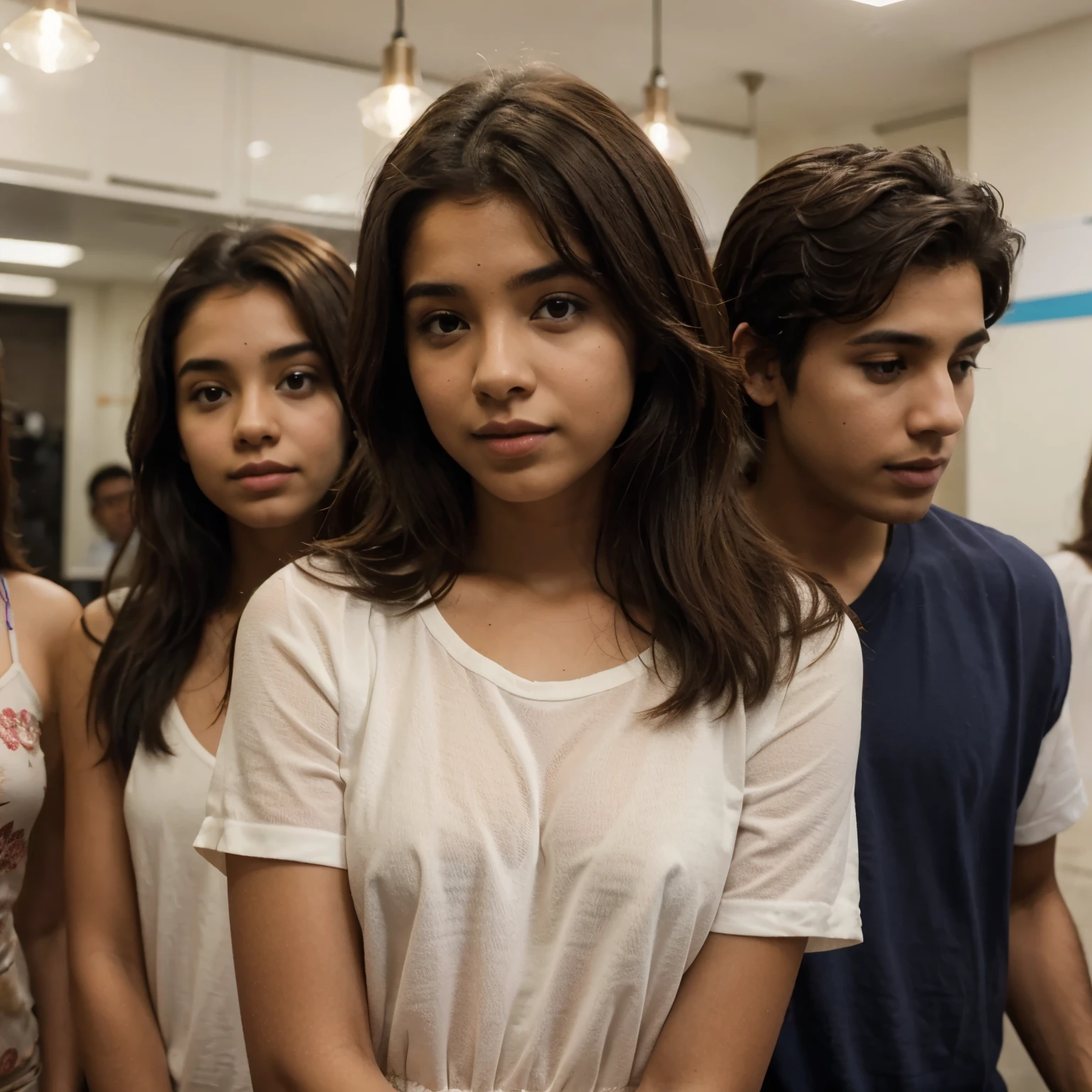 a brown girl in the middle, un chico pelo rizado y rubio a la izquierda y una chica con pelo blanco a la derecha