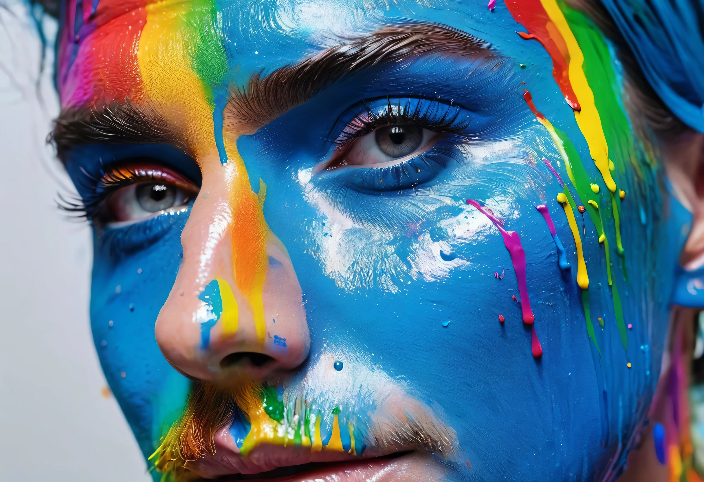 There&#39;s a guy with a painted face and a guy with rainbow paint., face submerged in colorful oils, woman crying rainbow paint, Colorful close-up shots, The eye is a rainbow spiral, fully covered in colorful paint, rainbow eyes, painted in bright light blue, colorful photo, close up portrait shot, Colorful painting, Complex heterogeneous sad, Color Portrait, Hyperrealism in vibrant colors