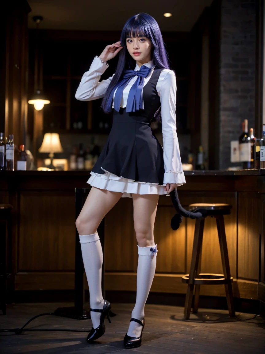 (1 lady), The beautiful, (Best quality at best:1.4), (ultra - detailed), (extremely detailed CG unified 16k), purple hair, very detailed, High-definition RAW color photo, professional photoshooting, amazing face and eyes, cosmetics, (amazingly beautiful girl), ((frederica bernkastel)), ((dress, bowtie, mary janes, socks, cat tail, tail bow, tail ornament)), standing, sexyposture，(Dark and stylish bar, drinks, lamp lights, lamp lights:1.3), (look from down), realistic cinematic face, head to feet long wide zoomed out view, full body long view, photorealistic, ((realistic natural purple hair style, purple eyes)), gorgeous, extremely beautiful face, perfect model beauty, pout mouth, flirting smile, cleavages, city girl, western, shopping in the city, (masterpiece), best quality, high resolution, extremely detailed, blurred background, depth of field, cinematic lighting, amazing legs, high heels, clear and well-cared skin