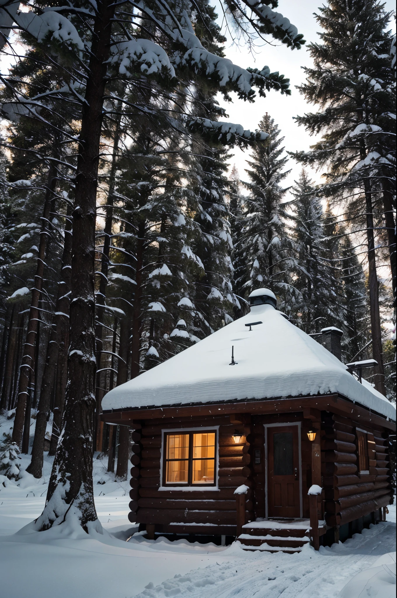 Cabin, snowy forest, night, maya