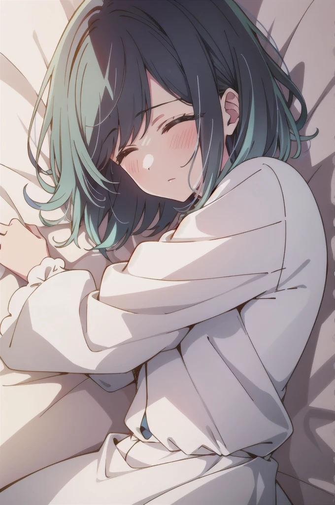 tall body, mature female, eft_oshi_akane, solo, 1girl, blue hair, , multicolored hair, short hair, gradient hair, medium hair, short hair, bangs, green eyes, blue eyes, sleeping on a bed, closed eyes, cute face,