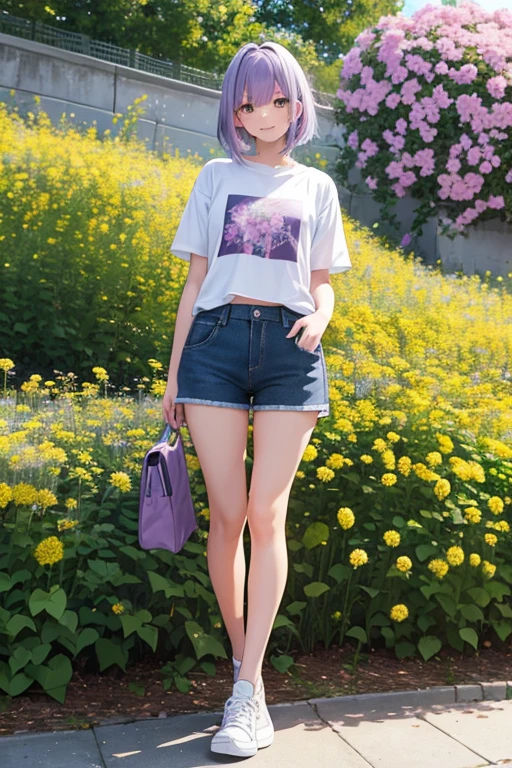 masterpiece, A young beautiful girl with light purple hair and eyes, Smile, looking at camera, Standing in front of a clump of dandelions, Wearing shorts and a T-shirt, white sneakers. Wearing a top and shorts, flowers, Full body image, Casual pose, Slender legs