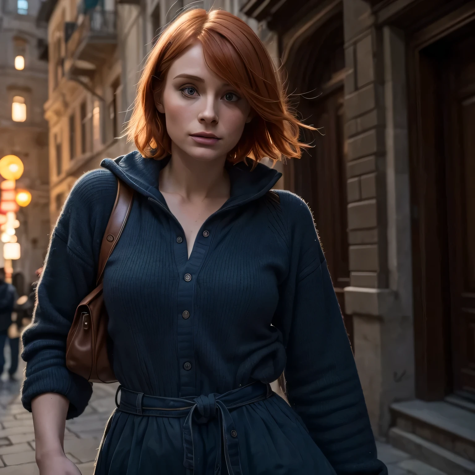 ((Bryce Dallas Howard)), (( short orange short hair)) (( dark blue eyes)) The girl is in long casual red dress inside the Hotel Stanley, in Estes Park ............. ((Extreme detail)), (Ultra-detailed), Best Quality, The ultra-Highres, (8K, Raw foto, Masterpiece, realisitic, Photorealistic:1.4), 8K UHD, DSLR, absurderes, Ray traching, High quality textures, intriciate detail, detailed texture, finelydetail. photo of a girl. She runs. She runs through the streets of city. Outdoor Activities in Sassi of Matera. Beautiful perfect face. real pores, Best Quality, Fine details, {{Masterpiece, Best Quality, super detailed CG, Unity 8k wallpaper, Cinematic lighting, lens flares}}. with medium blond hair, White-skinned, night scene, Facade of the cathedral