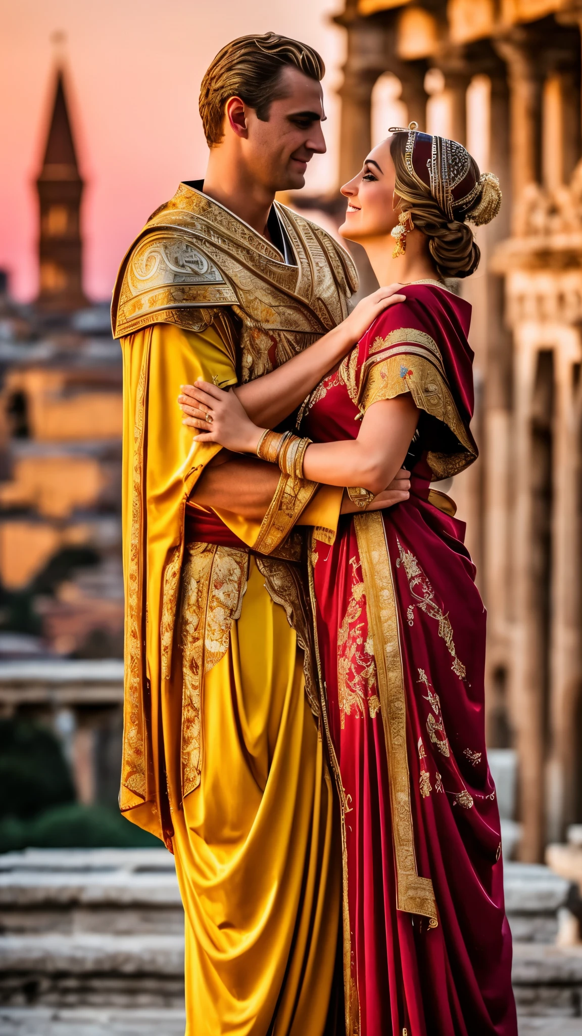 In the heart of the ancient Roman Empire, under the soft glow of a sunset sky, stands the magnificent figure of Emperor Constantine the Great. With an arm wrapped protectively around the waist of a beautiful woman named Serdica, the happy couple exudes an eternal bond of love and mutual affection. The refreshing breeze of early summer caresses their faces as they share a moment of pure love.

The emperor, dressed in traditional Roman attire, radiates regal magnificence, while Serdica, adorned in elegant robes, embodies the epitome of super beauty. The urban backdrop, bathed in the symphonic and dramatic lighting of the sunset, lends an epic and