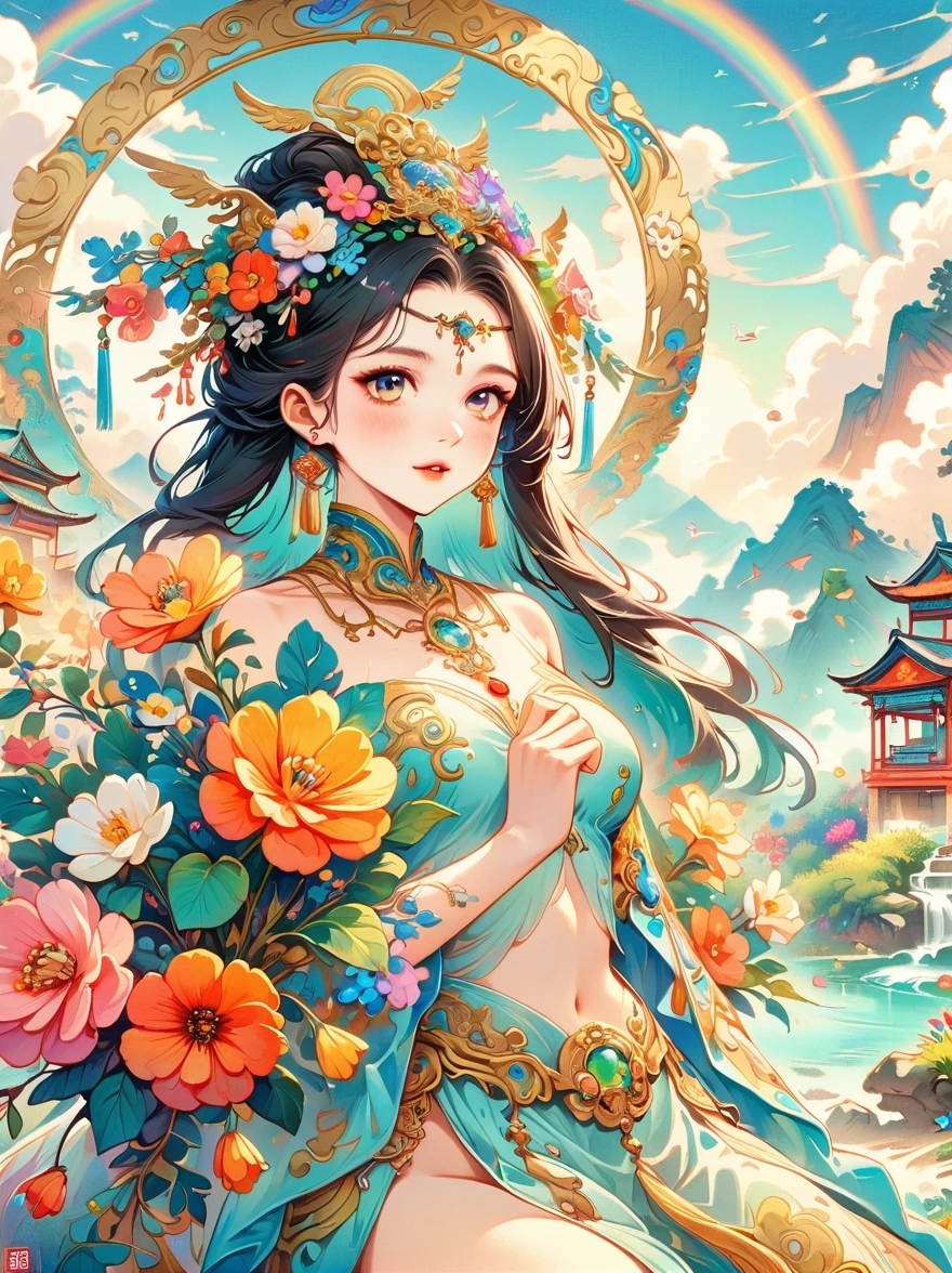 Chinese ink style, Chinese dream landscape, There was a beautiful lady holding a sword, fair and smooth skin, Flowers bloom, It is beautiful and delicate, Gold ornaments, turquoise decoration, Various gemstones, no clothes, Beautiful flowers, goddess, extremely high detail, Very detailed shot of the goddess, Extremely detailed flower goddess, blue sky, Character background with light rainbow halo, Psychedelic Goddess, Goddess Art, Beautiful digital artwork, beautiful goddess, first-person view, pov, cowboy shot, UHD, masterpiece, ccurate, anatomically correct, textured skin, super detail, best quality, 8k