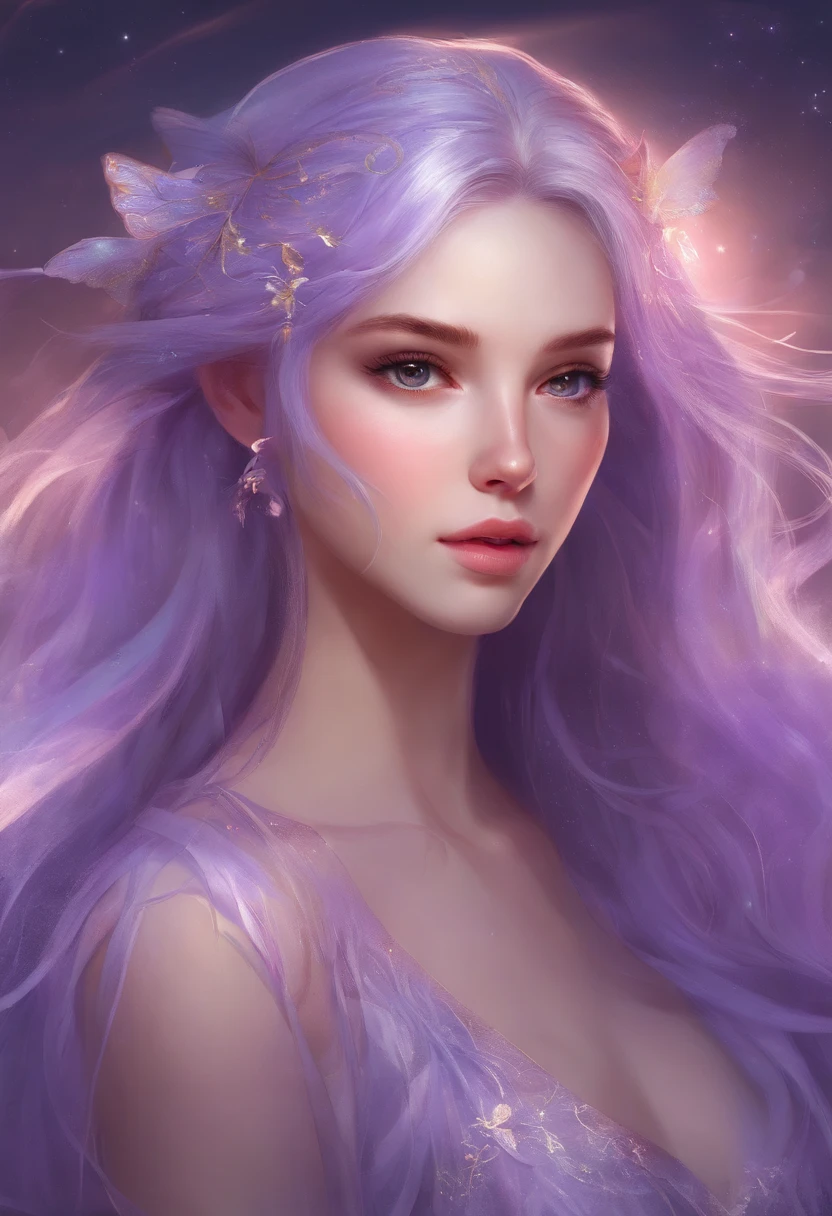 Model, digital illustration, (masterpiece:1.2), high quality, delicate eyes, Extremely beautiful young woman, light purple long hair, streetwear, Tik,