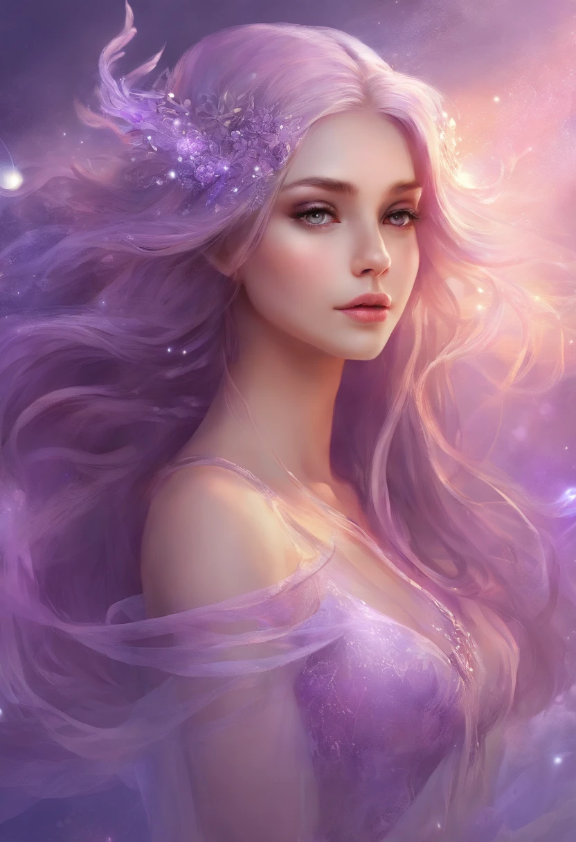 Model, digital illustration, (masterpiece:1.2), high quality, delicate eyes, Extremely beautiful young woman, light purple long hair, streetwear, Tik,