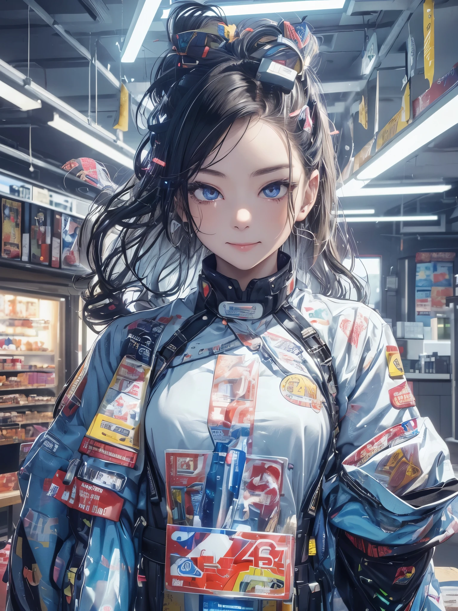 (highest quality,masterpiece,High resolution、fine、A cyborg convenience store clerk with messy hair and stickers all over his body、Crazy smile)、((Fantastic background night))、((The dark interior of a cyberpunk convenience store))、((in the backgroundは食品棚がある))、(((somewhere『24h』it is written like this)))、(((in the background『24H』Character)))、((Sparkling background))、(((see the whole body)))