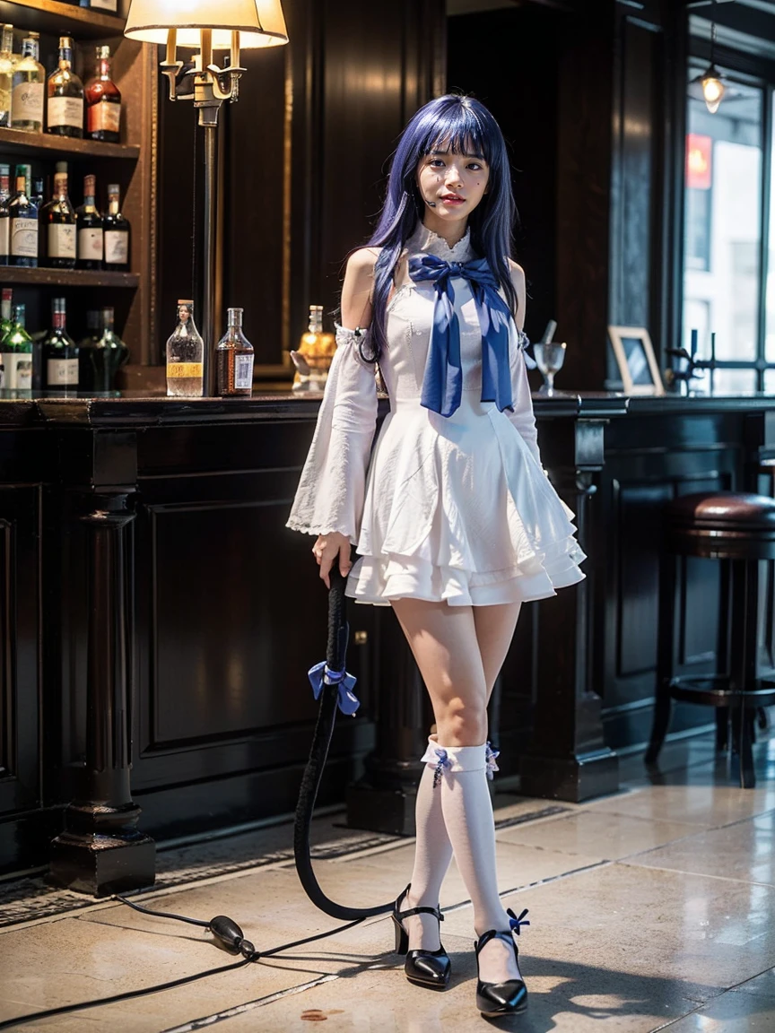 (1 lady), The beautiful, (Best quality at best:1.4), (ultra - detailed), (extremely detailed CG unified 16k), purple hair, very detailed, High-definition RAW color photo, professional photoshooting, amazing face and eyes, cosmetics, (amazingly beautiful girl), ((frederica bernkastel)), ((dress, bowtie, mary janes, socks, cat tail, tail bow, tail ornament)), standing, sexyposture,(Dark and stylish bar, drinks, lamp lights, lamp lights:1.3), (look from down), realistic cinematic face, head to feet long wide zoomed out view, full body long view, photorealistic, ((realistic natural purple hair style, purple eyes)), gorgeous, extremely beautiful face, perfect model beauty, pout mouth, flirting smile, cleavages, city girl, western, shopping in the city, (masterpiece), best quality, high resolution, extremely detailed, blurred background, depth of field, cinematic lighting, amazing legs, high heels, clear and well-cared skin