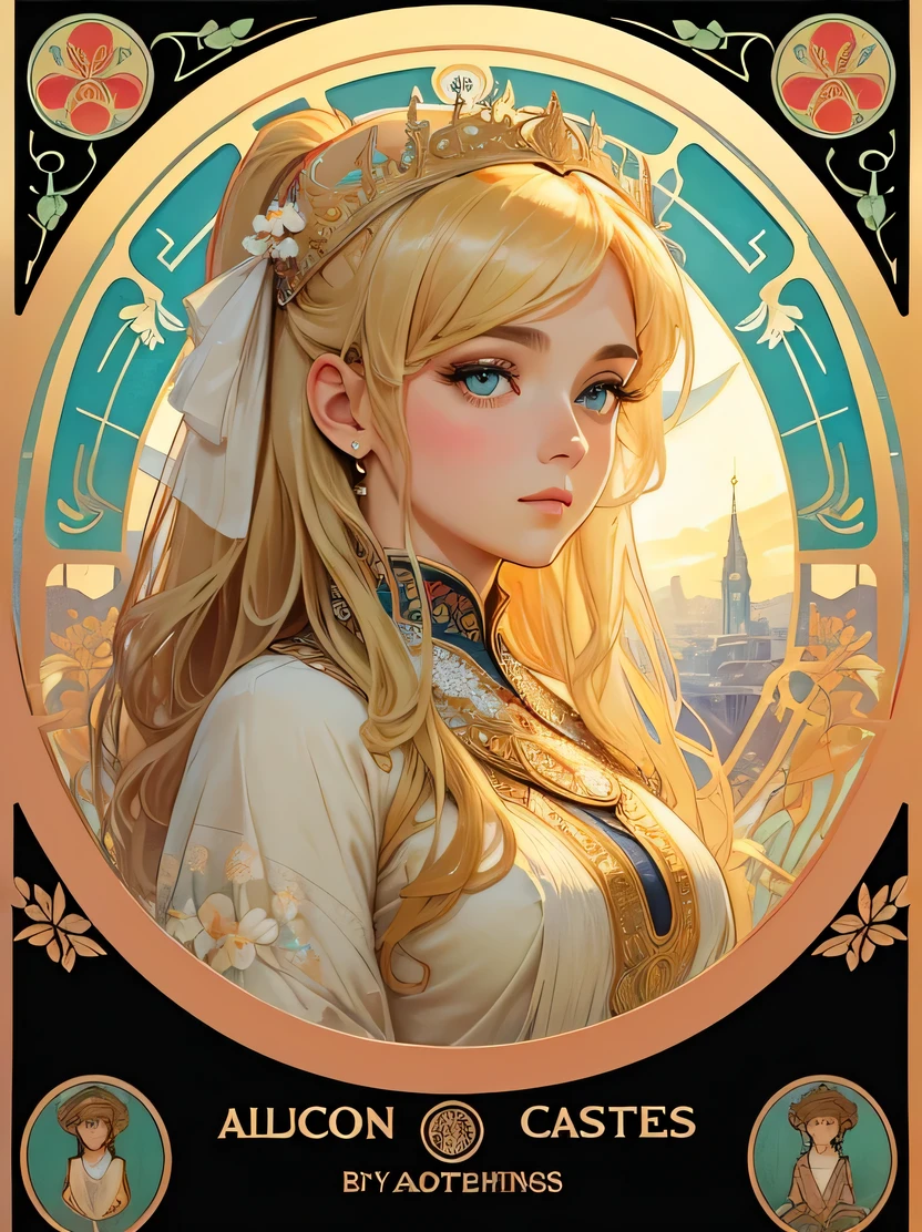 ((masterpiece、highest quality、Super fine、High resolution、photorealistic、sharp focus、cinematic lighting))、((1 female、bust shot))、art nouveau style watercolor、greek goddess、big breasts、Big eyes、long and thick eyelashes、pale skin、lip whole、green eyes、long thick blonde hair、high ponytail、sexy white robe、flower background、tarot cards、Beautifully decorated oval frame、Intricate designs and patterns in the style of Alphonse Mucha