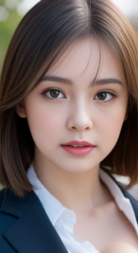 16k, HDR, Natural light, outdoor background, Best Quality Masterpiece, Perfect anatomy very detailed face, fine eyes, 1 girl, ((nsfw)), wearing a business suit, (Open blouse), (medium round breasts), (open breasts), cleavage, medium Brunette hair, idols, shining eyes, (licks upper lip), close up shots 