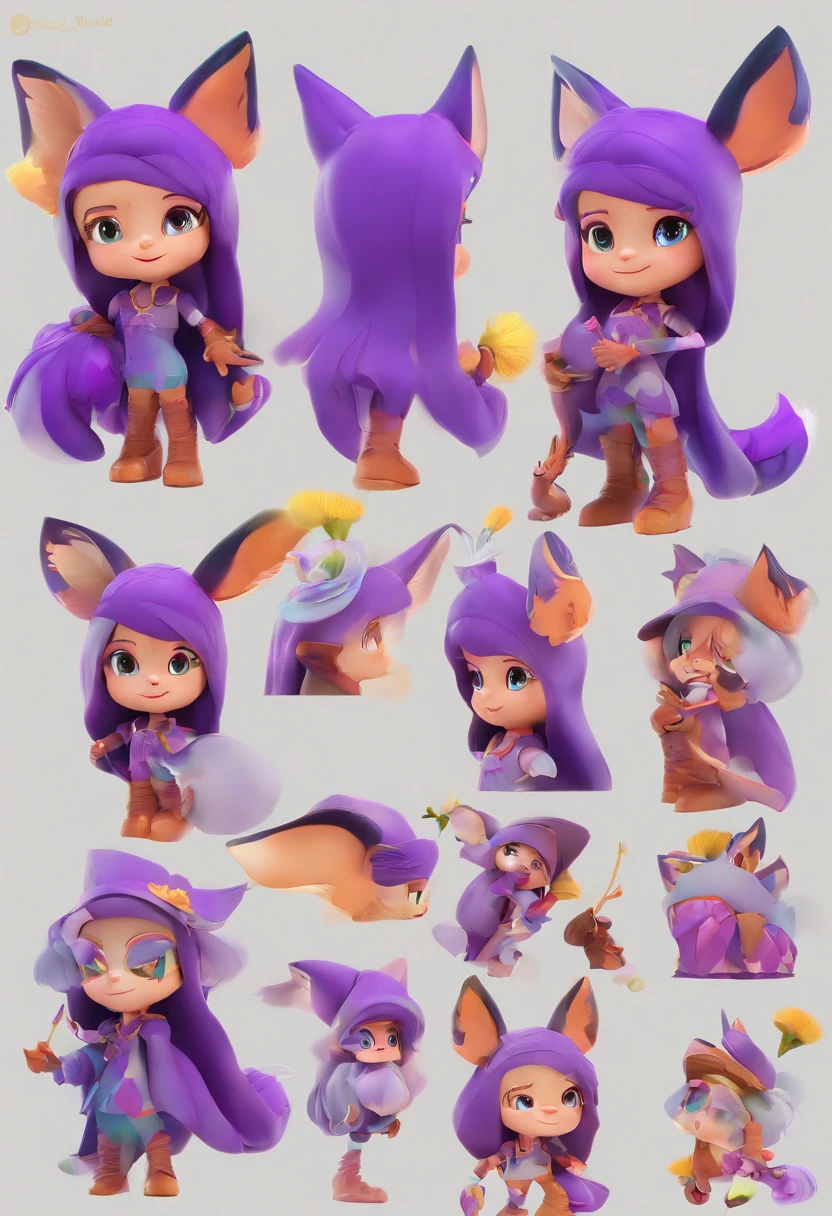 character design sheet,Purple, individual,cute,With fox ears,witch,dandelion,fine,facial details,plain view