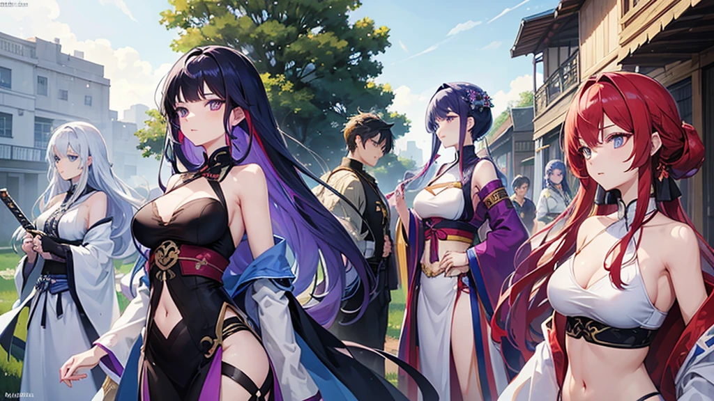 Six people,woman,There is a sense of distance,Sexy off-the-shoulder,Open navel,Hanfu,red hair purple eyes,Blue hair and green eyes,Black hair, blue eyes,White hair and golden eyes,Take a sword,fight