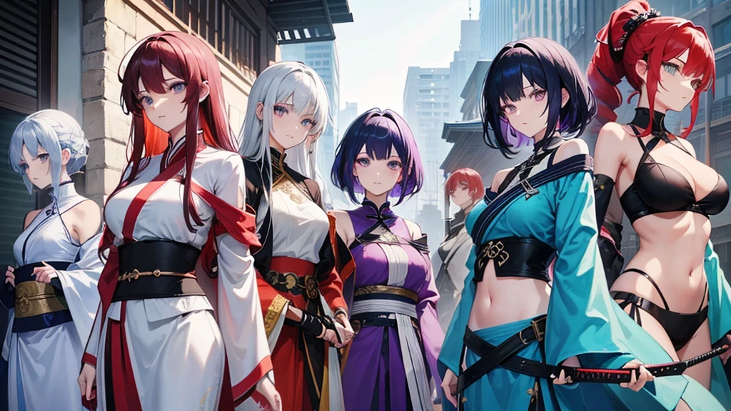 Six people,woman,There is a sense of distance,Sexy off-the-shoulder,Open navel,Hanfu,red hair purple eyes,Blue hair and green eyes,Black hair, blue eyes,White hair and golden eyes,Take a sword,fight
