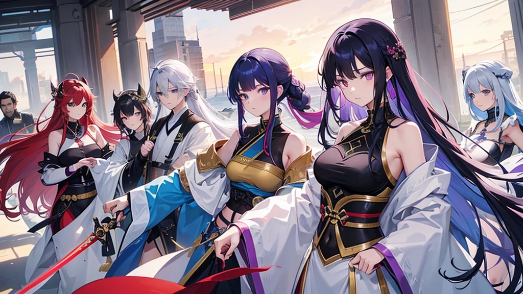four people,woman,There is a sense of distance,Sexy off-the-shoulder,Open navel,Hanfu,red hair purple eyes,Blue hair and green eyes,Black hair, blue eyes,White hair and golden eyes,Take a sword,Want to fight