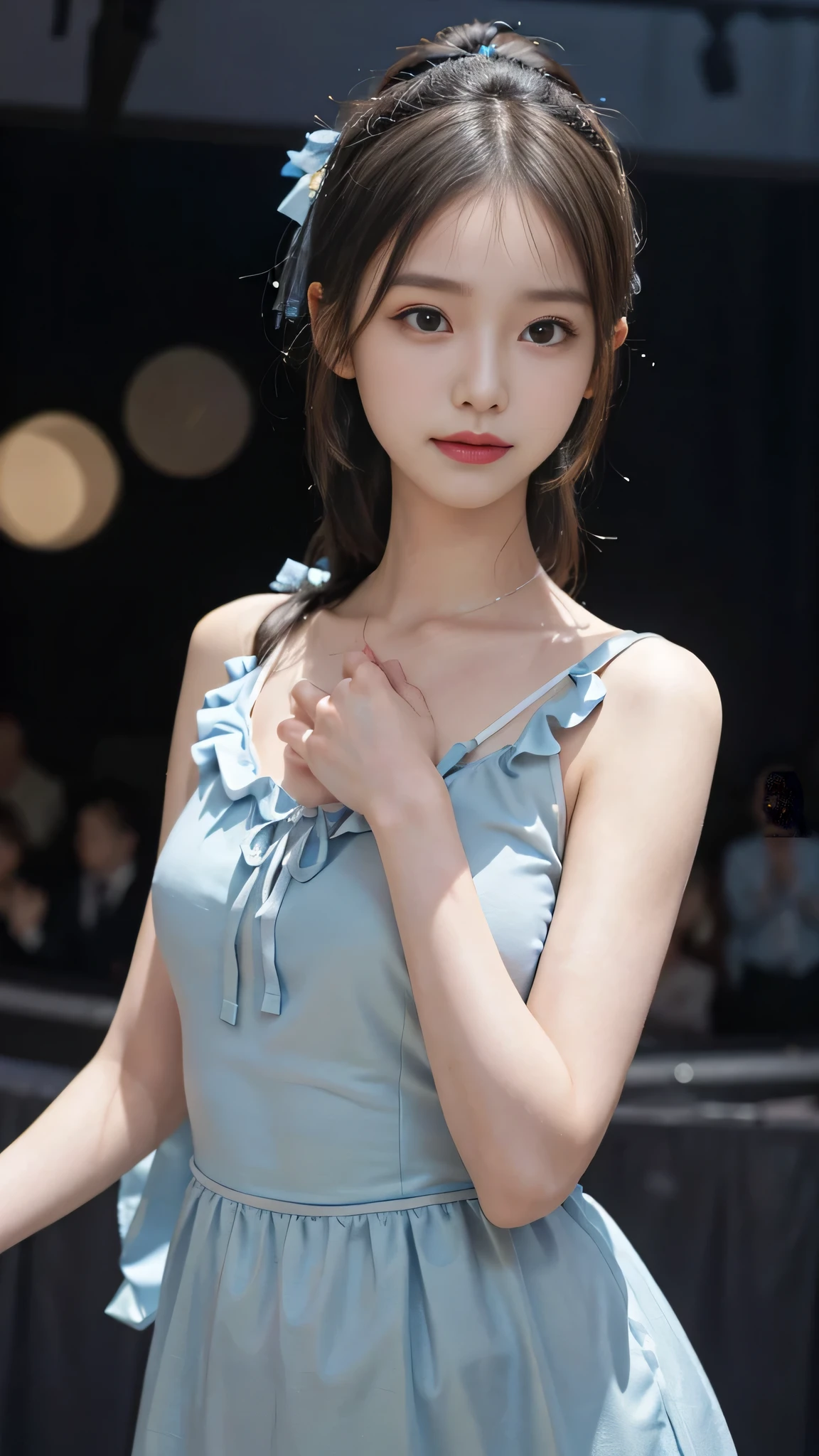 Close up face,standing on stage,Blue colored long dress with lots of ruffles,One woman,masutepiece, The highest image quality, High quality, the background is clear,Beautiful woman, Japanese, Detailed, Detailed eyes, Detailed skin, Beautiful skin, 超hight resolution, (reality: 1.4),Very beautiful woman, Slightly younger face, Beautiful skin, slender, (Ultra photo realsisim), (hight resolution), (8K), (Very detailed) (beautifully detailed eyes), (super detailed), (Detailed face), view the viewer, Fine details, Detailed face, Staring straight ahead, Staring straight ahead, photos realistic, Bright lighting, Professional Lighting, Black hair,poneyTail,a baby face,fifteen years old,Hairstyle is ponytail,long ponytail hairstyle,slight smile,neat and tidy clothing,Beautiful Japanese KPOP idol photo, hair style is ponytail, my eyes are double and wide, baby face, smile and look straight ahead, slender, small breasts,Blue ribbon on head,Close up face,
