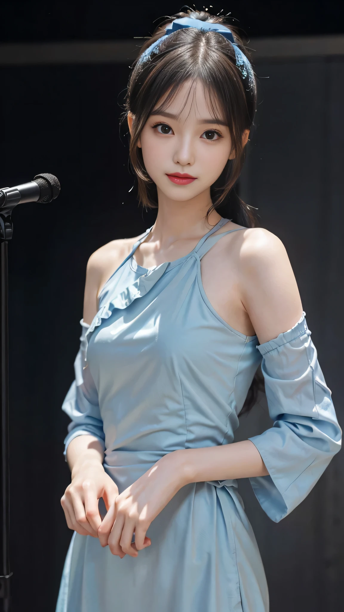 Close up face,standing on stage,Blue colored long dress with lots of ruffles,One woman,masutepiece, The highest image quality, High quality, the background is clear,Beautiful woman, Japanese, Detailed, Detailed eyes, Detailed skin, Beautiful skin, 超hight resolution, (reality: 1.4),Very beautiful woman, Slightly younger face, Beautiful skin, slender, (Ultra photo realsisim), (hight resolution), (8K), (Very detailed) (beautifully detailed eyes), (super detailed), (Detailed face), view the viewer, Fine details, Detailed face, Staring straight ahead, Staring straight ahead, photos realistic, Bright lighting, Professional Lighting, Black hair,poneyTail,a baby face,fifteen years old,Hairstyle is ponytail,long ponytail hairstyle,slight smile,neat and tidy clothing,Beautiful Japanese KPOP idol photo, hair style is ponytail, my eyes are double and wide, baby face, smile and look straight ahead, slender, small breasts,Blue ribbon on head,Close up face,