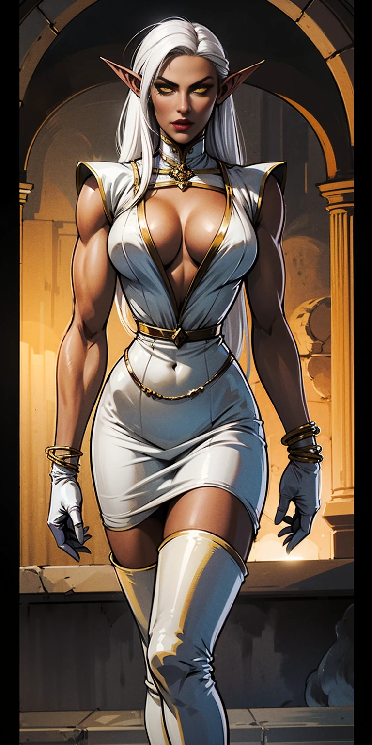 Pirotess,, (yellow eyes), white hair, silver hair, very long hair, straight hair, solo, adult woman, tall, slightly muscular, large breasted, cleavage, constricted waist, Toned body, slight abs, thin dark skin, pointy ears, lipstick, makeup, black eyeshadow,, circlet, white short dress, jewelry, bracelet, white gloves, thigh boots