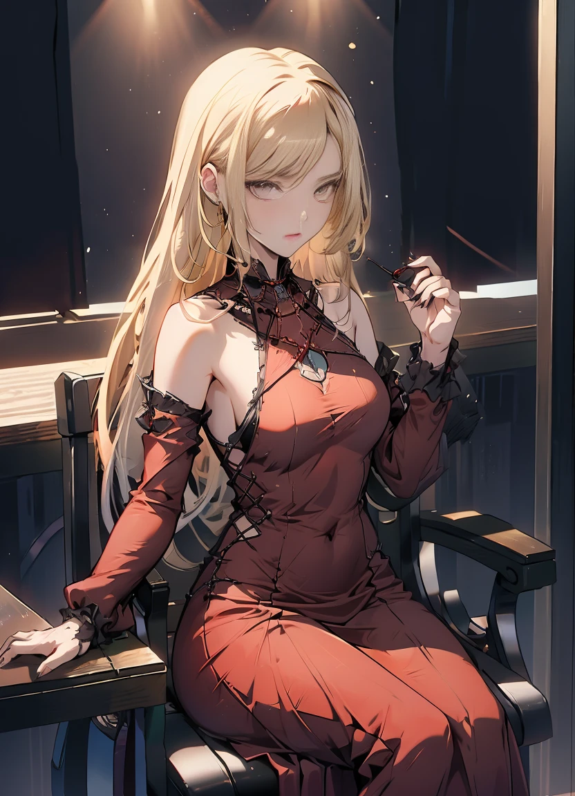 red dresedium long hair、high resolution、blonde、Red clothes、party dress、Noble Lady、elder、sat on a chair、portrait、crimson、Looked at the front