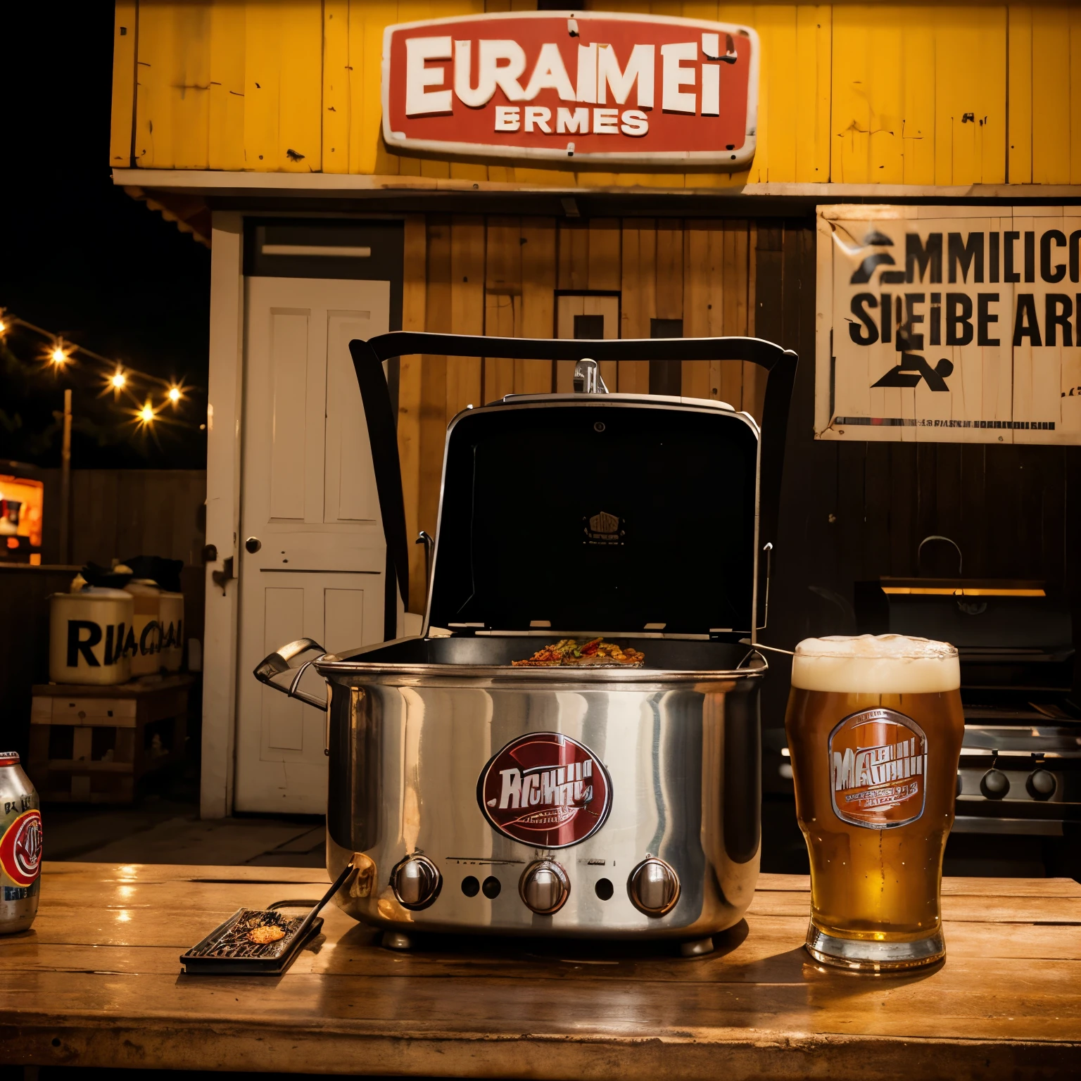 Hazme un logo con el nombre de PROYECTO ESTUDIAMBR, With a grill still on the side and a maruchan, a beer, a cigarette and money