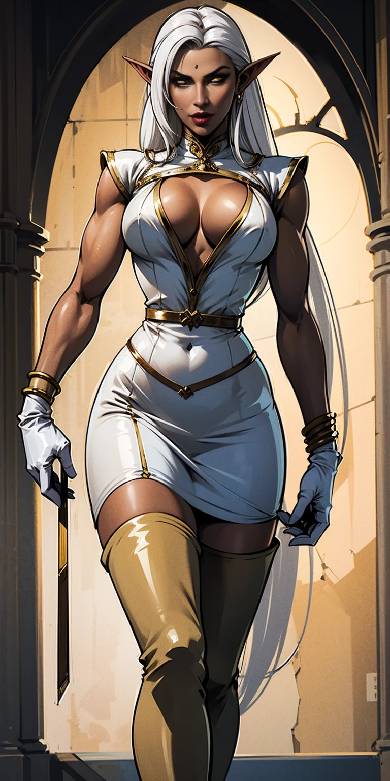 Pirotess,, (yellow eyes), white hair, silver hair, very long hair, straight hair, solo, adult woman, tall, slightly muscular, large breasted, cleavage, constricted waist, Toned body, slight abs, thin dark skin, pointy ears, lipstick, makeup, black eyeshadow,, circlet, white short dress, jewelry, bracelet, white gloves, thigh boots