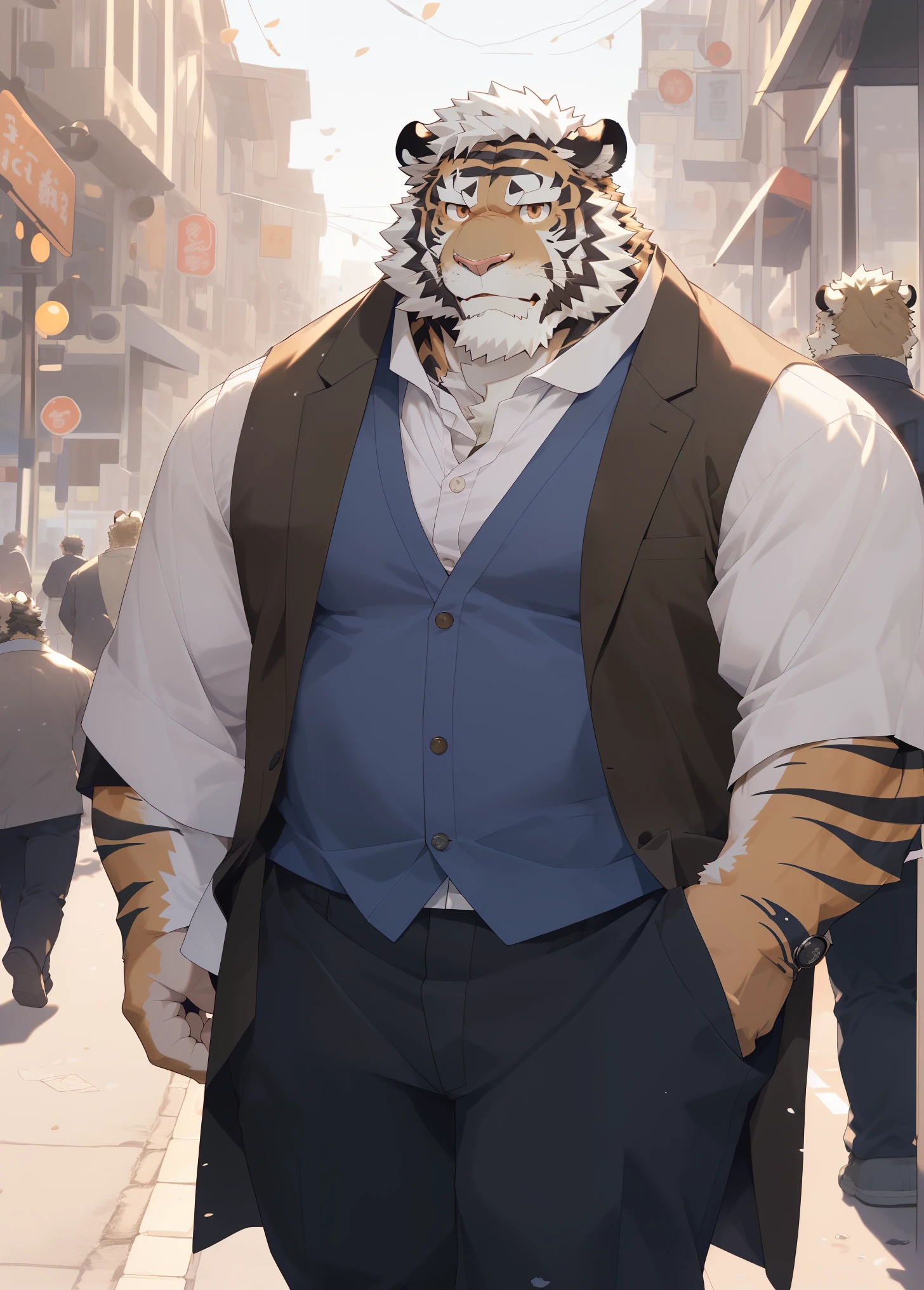 hairy，（tiger，Short brown sleeves，Middle-aged uncle ），beard，golden fur，white short hair，male，brown eyes，Common，Middle-aged uncle，Mature and steady，honest，on the street，detailed background，极其lifelike阴影，masterpiece，Very detailed，lifelike