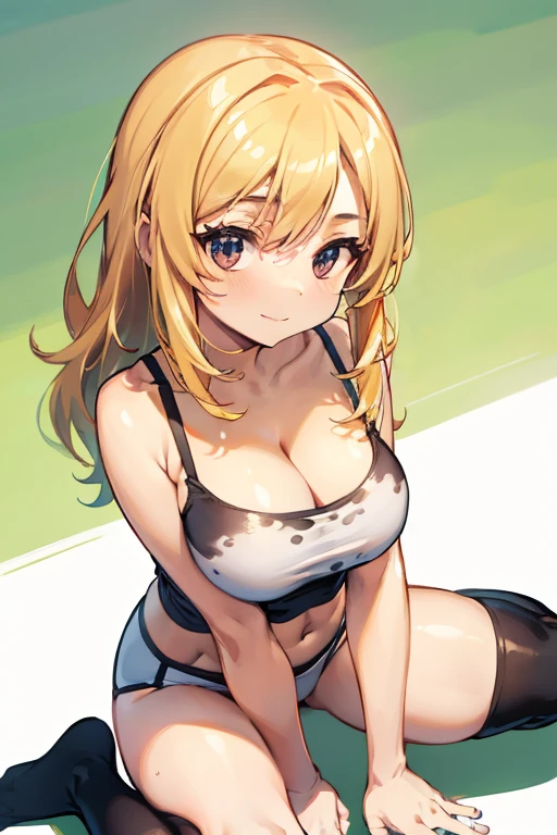 (Low Saturation:1.5),anime,1girl,pov,masterpiece,Awards, high quality,High resolution,HD,4K,8K,high quality,portrait,simple background,closeup upperbody,white clothes,Independently deformed breasts,shruged,viscous paint,(swiping breasts:1.3),oily skin,Slimy Cleavage,(Cleavage Bulge,deformed to flat breasts:1.4),(Medium breasts:1.2),Compressed chest,camisole,Crop tops,(Enhance breasts pose:1.3),sriped strap,perspective,perfect skin,smile,pale color tone,(grayscale:0.5),knee-high socks