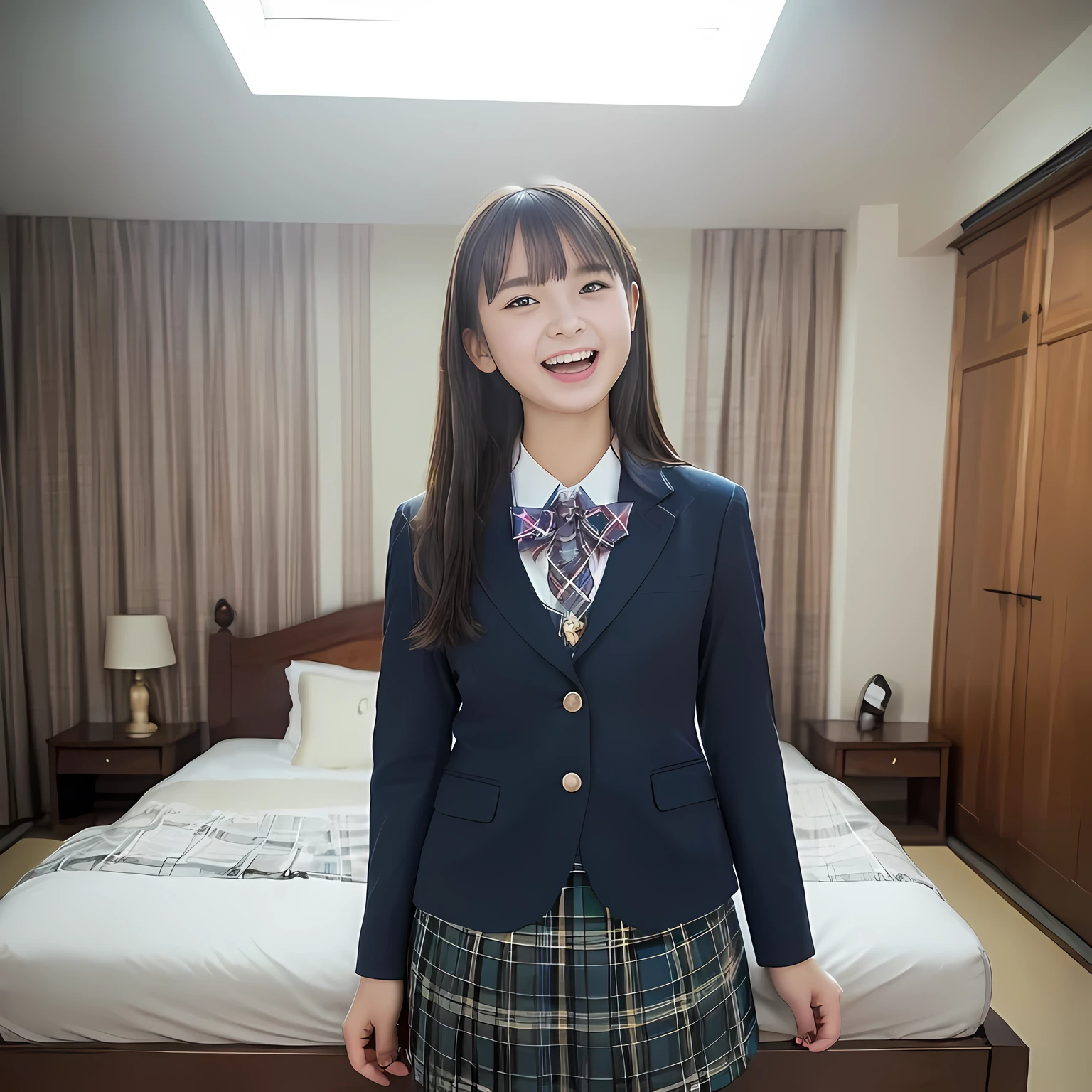 (highest quality、masterpiece:1.2)、highest quality、realistic、photograph、High resolution、1080p、8K、The face is especially pale., physical rendering、((Height: 155cm)), one Japanese girl、((Siren in the form of a 15-year-old Japanese junior high school student)), ((((Siren in the form of a beautiful girl fashion model from a Japanese magazine)))), , (((big very detailed beautiful dark brown eyes))), ((blue girly large wine-red glossy polyester Japanese school ribbon bow tie)), (((black very beautiful and very very long straight hair))), ((((deep blue colored tartan checkered formal long pleated pleated skirt)))), ((A unpatterned formal dark blue blazer in solid that is slightly oversized and has an emblem on the left chest.)), ((((((laughing at me!)))))), mouth is open, The large blazer and skirt are very cute., detailed fingers, Slender body, ((curled bangs)), so beautiful, ((Very big and very very very cute eyes of a Japanese girl)), ((large pupils)), double eyelids, The entire skirt is photographed, thin eyebrows, ((drooping eyes)), ((very long eyelashes)), ((cute lovely lovely laughing laughing cheeks)), ((Pure white light hits her face from above and in the front, making her skin and eyes shine beautifully.)), ((Strong light hits the nose and cheeks、It brings out the richness of the expression.)), (((((Her face is expressive, pure and very intelligent.))))), ((looking back at the viewer)), (((((At a very gorgeous underground demoniac evil temple's room with a very gorgeous and very evil bed))))), ((shot from her back))