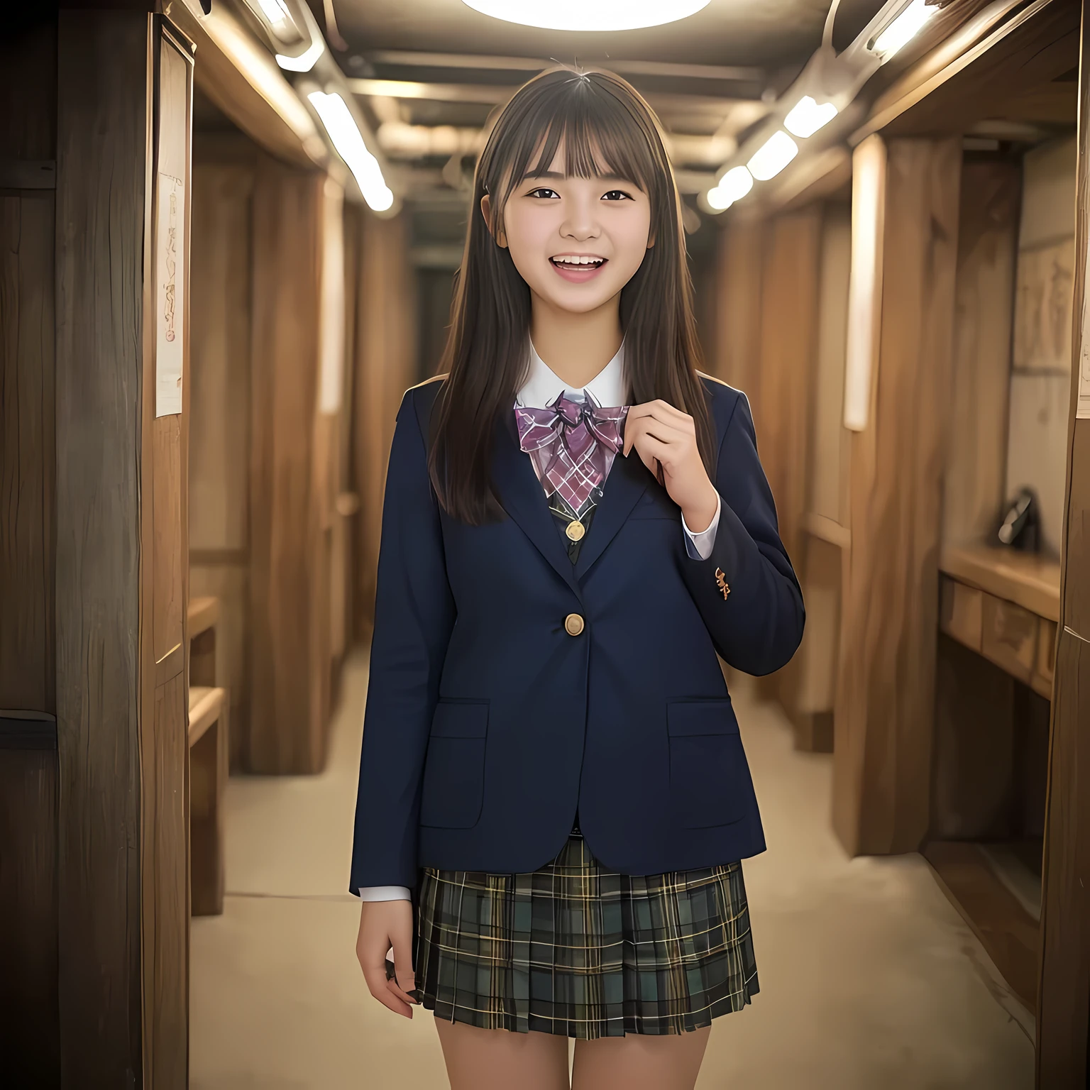 (highest quality、masterpiece:1.2)、highest quality、realistic、photograph、High resolution、1080p、8K、The face is especially pale., physical rendering、((Height: 155cm)), one Japanese girl、((Siren in the form of a 15-year-old Japanese junior high school student)), ((((Siren in the form of a beautiful girl fashion model from a Japanese magazine)))), , (((big very detailed beautiful dark brown eyes))), ((blue girly large wine-red glossy polyester Japanese school ribbon bow tie)), (((black very beautiful and very very long straight hair))), ((((deep blue colored tartan checkered formal long pleated pleated skirt)))), ((A unpatterned formal dark blue blazer in solid that is slightly oversized and has an emblem on the left chest.)), ((((((laughing at me!)))))), mouth is open, The large blazer and skirt are very cute., detailed fingers, Slender body, ((curled bangs)), so beautiful, ((Very big and very very very cute eyes of a Japanese girl)), ((large pupils)), double eyelids, The entire skirt is photographed, thin eyebrows, ((drooping eyes)), ((very long eyelashes)), ((cute lovely lovely laughing laughing cheeks)), ((Pure white light hits her face from above and in the front, making her skin and eyes shine beautifully.)), ((Strong light hits the nose and cheeks、It brings out the richness of the expression.)), (((((Her face is expressive, pure and very intelligent.))))), ((looking back at the viewer)), (((((At a very gorgeous underground demoniac evil temple's room with a very gorgeous and very evil bed))))), ((shot from her back))