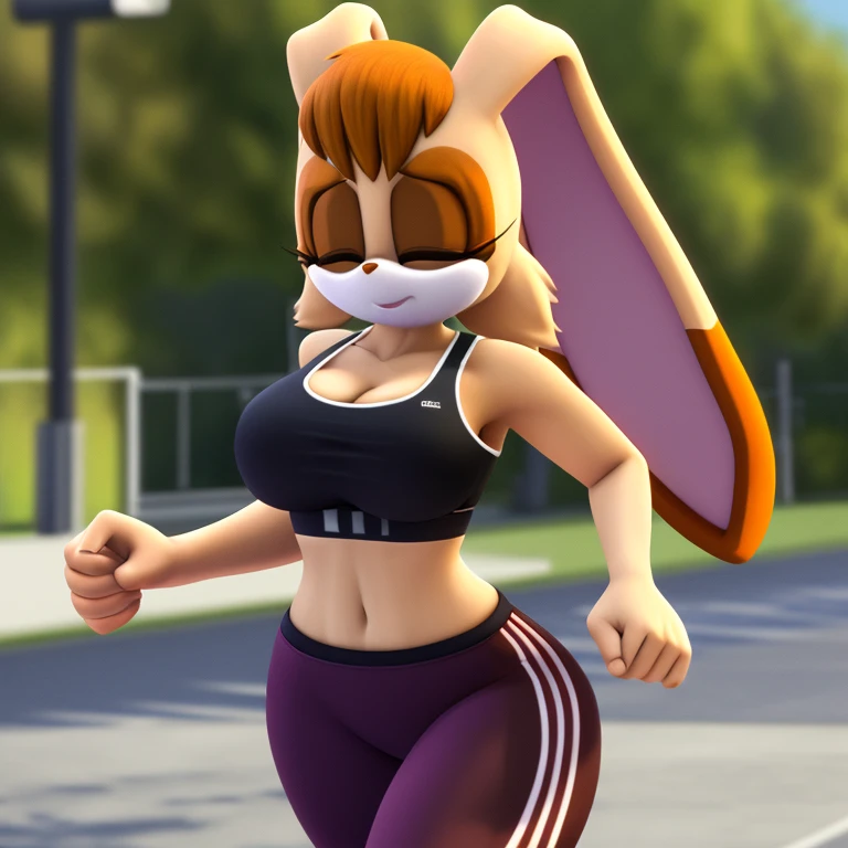 Masterpiece, high quality, studio quality, intricate details, 4k, 1girl, Vanilla the Rabbit,  midriff, eyes closed, big breasts,sports bra, daytime, jogging, ((best quality)), ((masterpiece)), (detailed)
