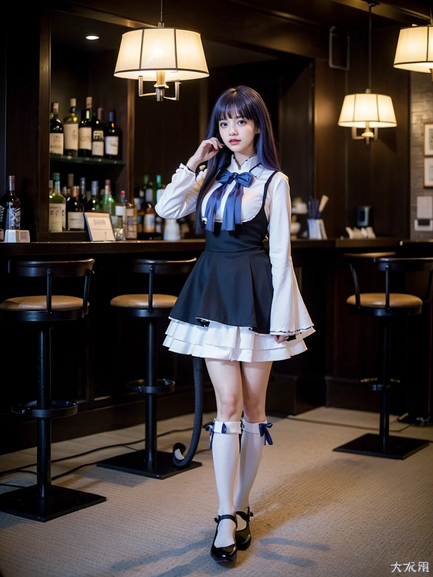 (1 lady), The beautiful, (Best quality at best:1.4), (ultra - detailed), (extremely detailed CG unified 16k), purple hair, very detailed, High-definition RAW color photo, professional photoshooting, amazing face and eyes, cosmetics, (amazingly beautiful girl), ((frederica bernkastel)), ((dress, bowtie, mary janes, socks, cat tail, tail bow, tail ornament)), standing, sexyposture,(Dark and stylish bar, drinks, lamp lights, lamp lights:1.3), (look from down), realistic cinematic face, head to feet long wide zoomed out view, full body long view, photorealistic, ((realistic natural purple hair style, purple eyes)), gorgeous, extremely beautiful face, perfect model beauty, pout mouth, flirting smile, cleavages, city girl, western, shopping in the city, (masterpiece), best quality, high resolution, extremely detailed, blurred background, depth of field, cinematic lighting, amazing legs, high heels, clear and well-cared skin, (((focus on the girl instead of background)))