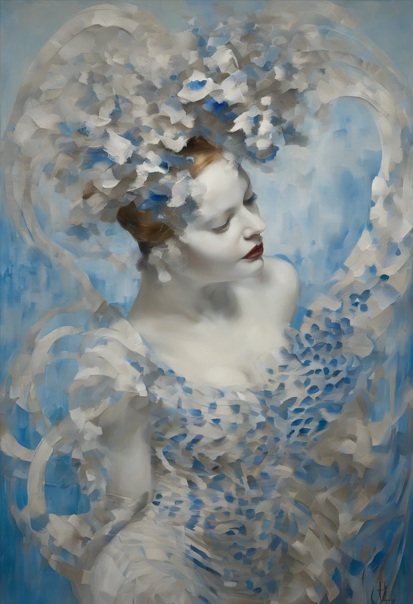 Clothing creative fashion design,Iris van Herpen designer style,Marine life curve,Sense of lines,bone structure,Symmetrical design,Blue and white lines,Highlight sexiness,Japanese model,big breasts,Hot