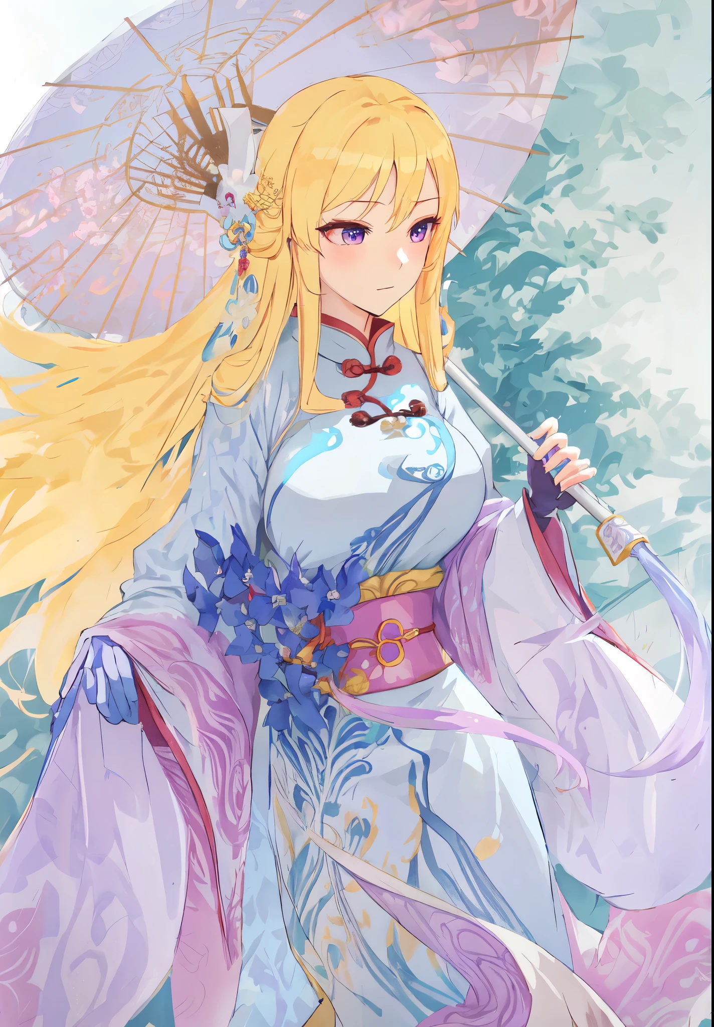 long blond hair,wearing blue dress,holding an umbrella, ((Wearing noble robes)), from desire, Flowing Chinese Robe, ((beautiful fantasy queen)), wearing nice clothes, eager character, Blonde long hair anime girl,Rina Nagikiri,Three Kingdoms style,Dynasty Warriors,antiquity,Chinese style,Chinese ancient costume,Long golden hair,holding an umbrella,purple eyes,golden eyelashes,huge breasts,Character portrait